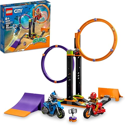 LEGO City Stuntz Spinning Stunt Challenge 60360-Torneos de 1 o 2 jugadores con juguetes de motocicleta impulsados por volante, cuenta con 2