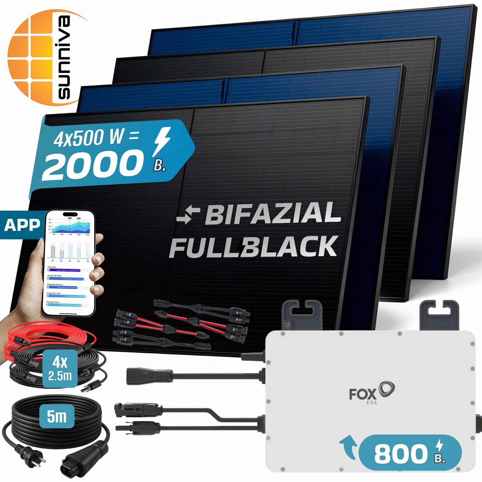 SUNNIVA 2000W Balkonkraftwerk BIFAZIAL FULLBLACK komplett Steckdose FOXESS 800W Wechselrichter, PV Solaranlage, 4x 500W Glas Solarmodule, inkl. 5m Kabel, Bluetooth WIFI, Komplettset