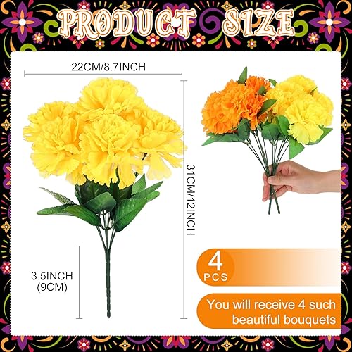 Miniatura 2 de Crowye 4 piezas de flores de caléndula Diwali del Día de los Muertos, caléndula con tallos de otoño, flores artificiales para el Día de los Muertos