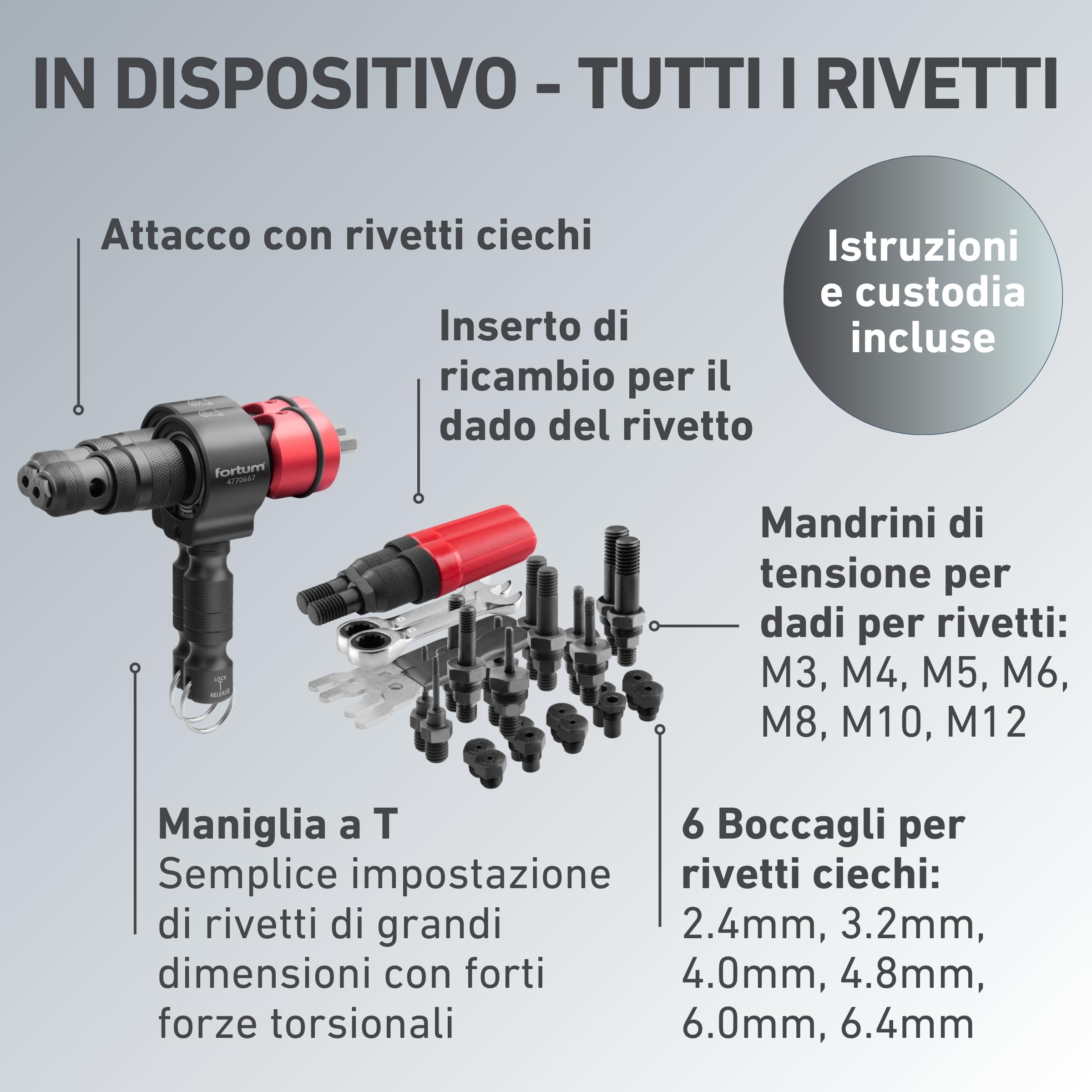 Rivettatrice 2-in-1 per avvitatrice a batteria e trapano - Rivetti ciechi 2,4-6,4mm inserti M3-M12 alluminio acciaio inox