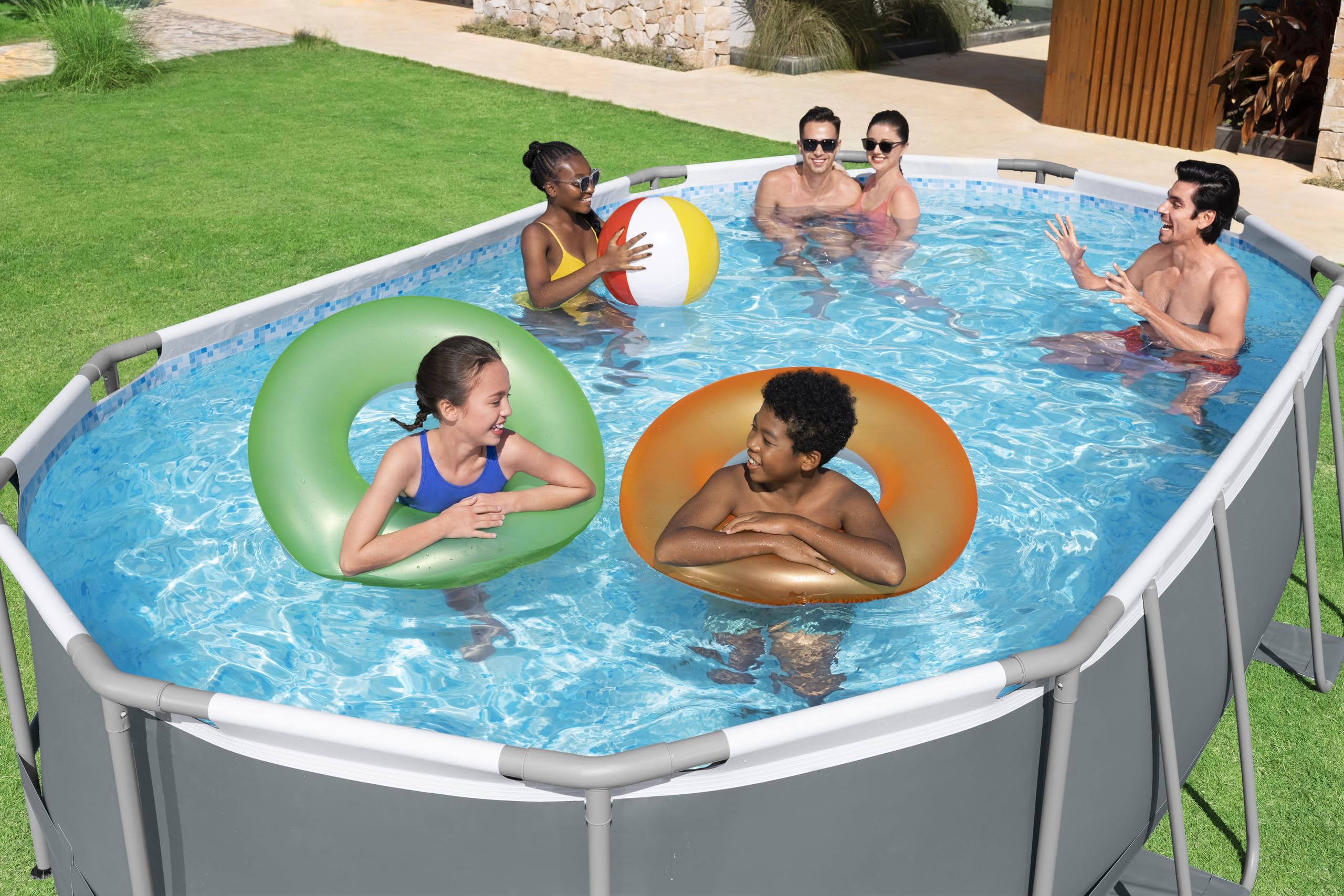 Bestway Power Steel Frame Pool Komplett-Set mit Filterpumpe 488 x 305 x 107 cm, grau, oval