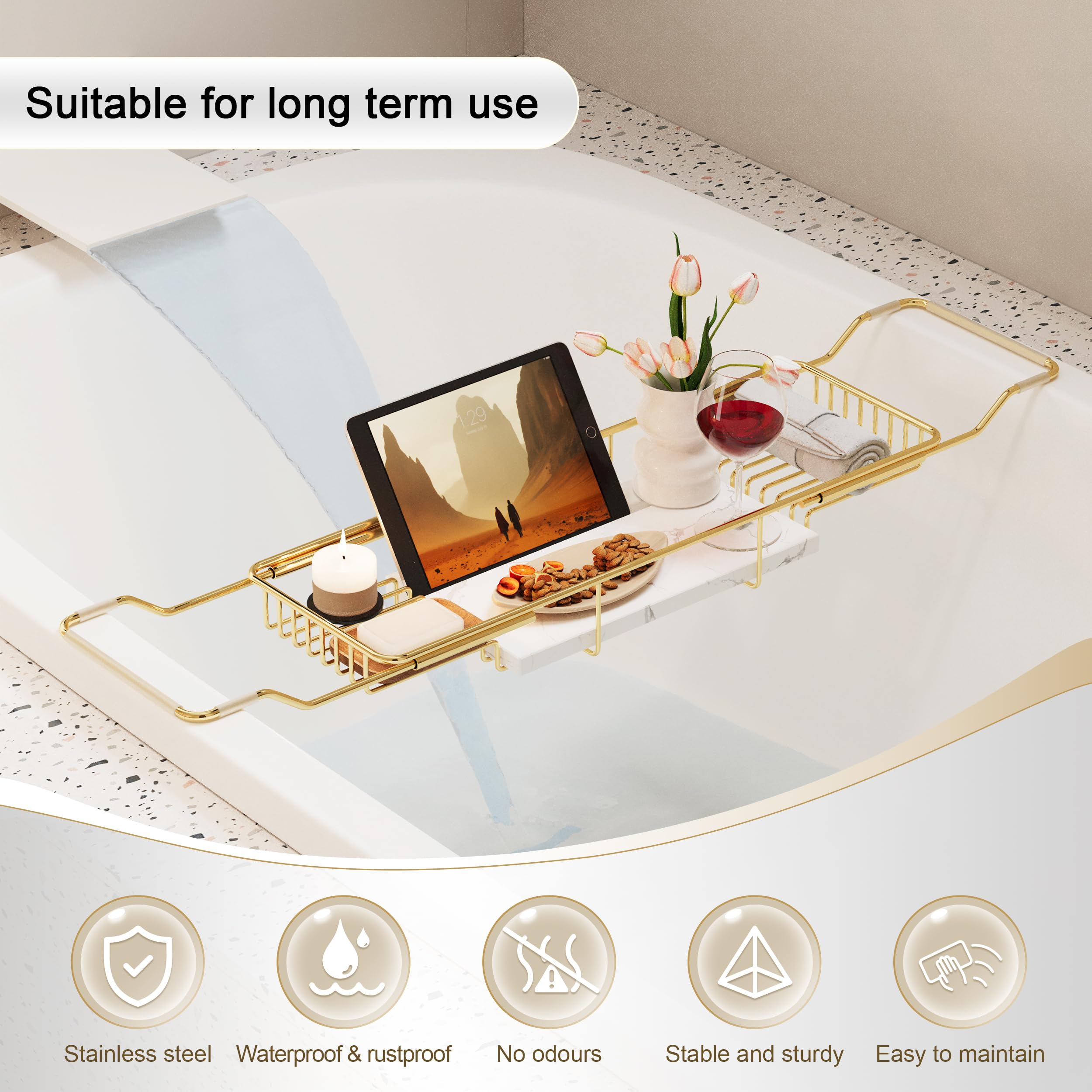 BVL Plateau de Bain Doré en Acier Inoxydable avec Marbre Blanc, Étagère de Bain Réglable pour Ensemble de Baignoire