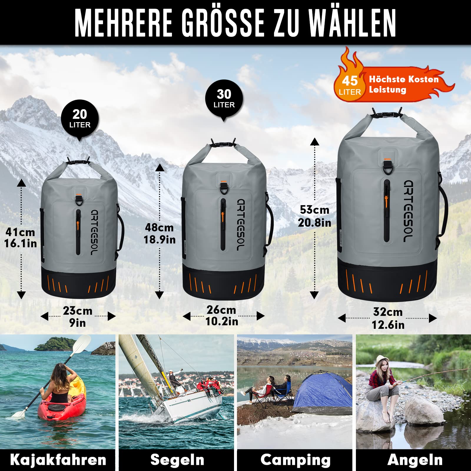 Wasserdichter Rucksack - Dry Bag 20L 30L 40L 45L Wasserfester Rucksack Seesack Wasserdicht für Kajak, Kanu, Camping, Trekking, Wandern, Segeln oder andere Wassersportarten