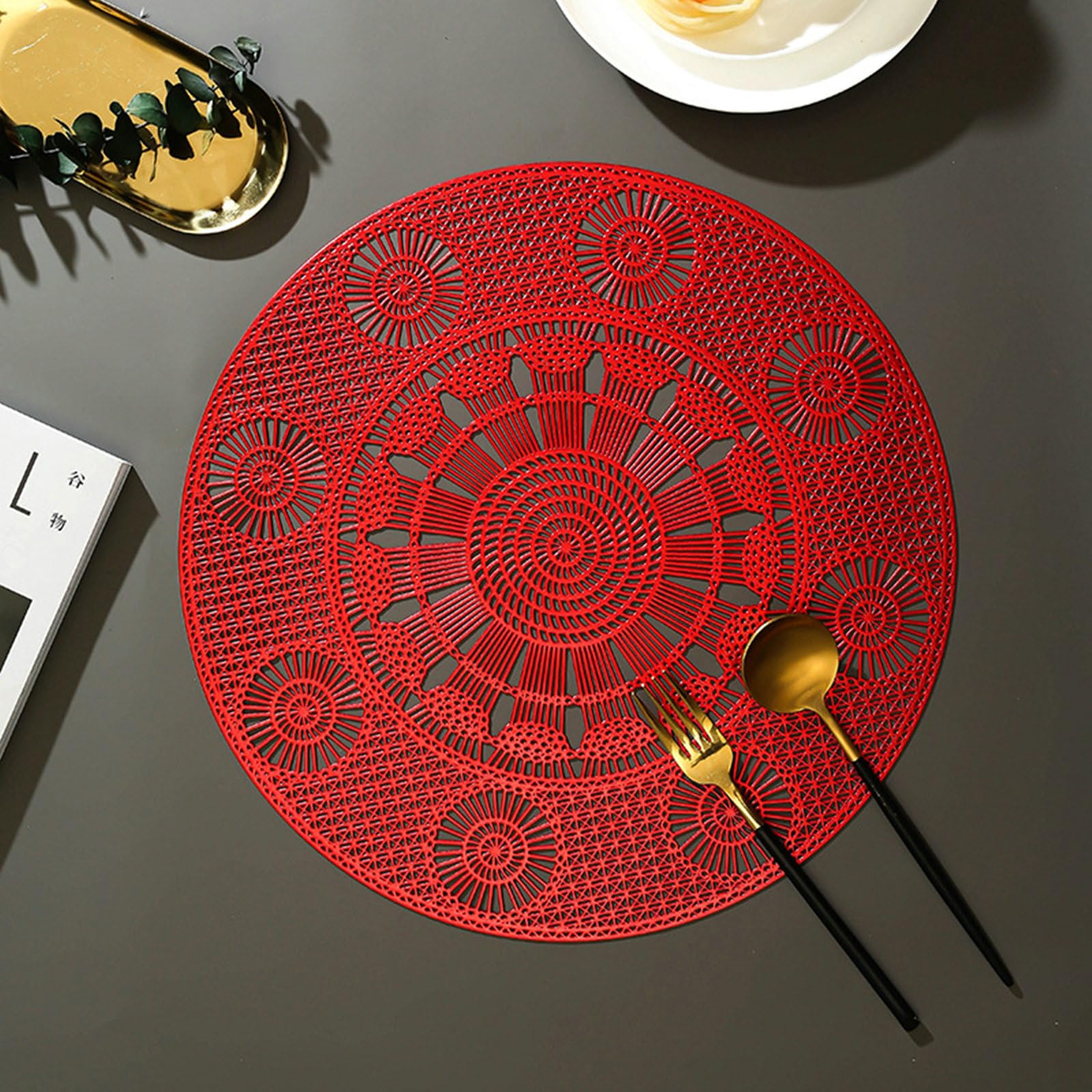 Juego de 8 manteles individuales de mesa (PVC, redondo, 38 cm), diseño de rueda hueca grande, antideslizante, resistente al calor, para cocina, color rojo