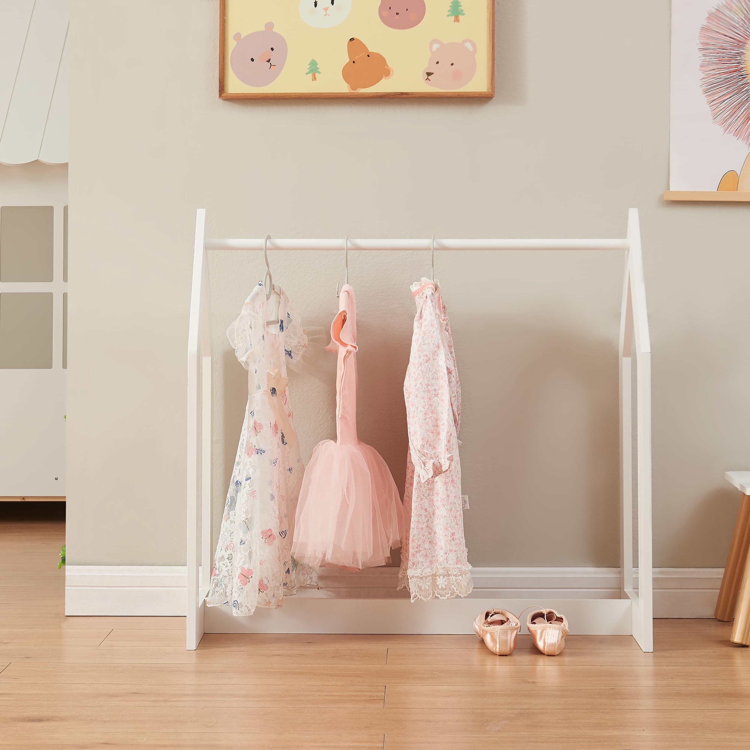 [en.casa] Portant à Vêtements pour Enfant Garde-Robe Ouvert avec Barre de Penderie Forme Cabane MDF 78 x 75 x 35 cm Blanc Effet Bois