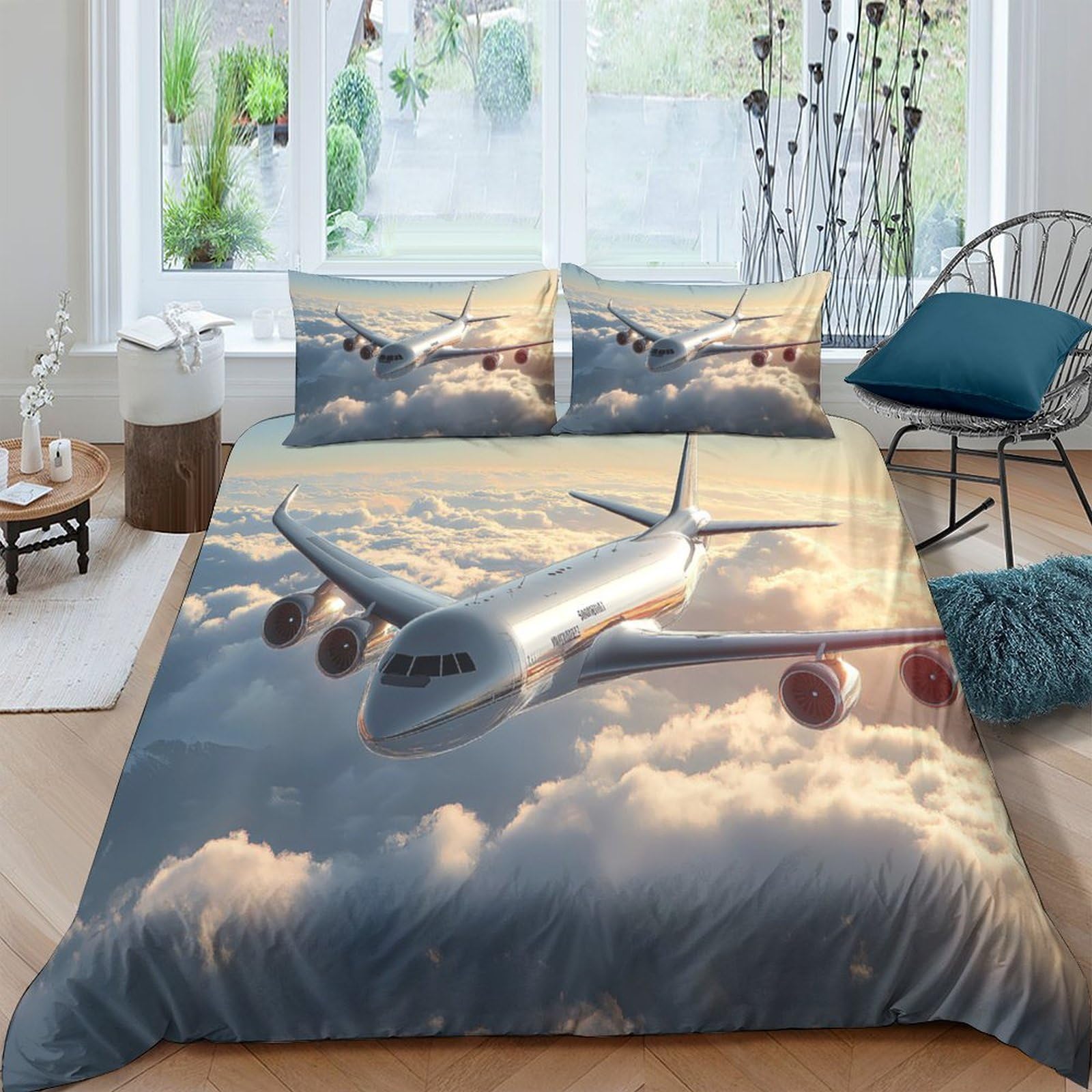 Ctjqhvkz Style-9 3D Printed Airplane Cloud Fitted Sheet Microfiber Soft Bedroom Mattress Cover For Home Decor Dustproof Washable Single（135X200cm）