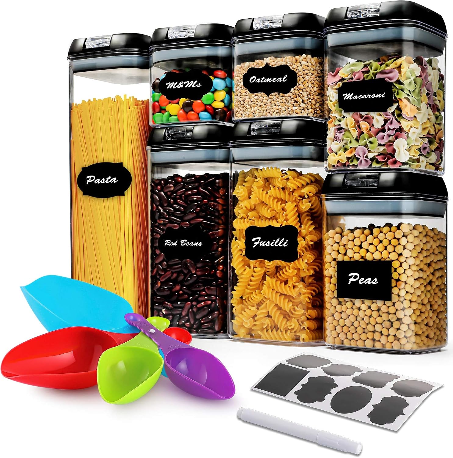 7 Pcs Airtight Food Storage Container Set - Kitchen & Pantry Organization Containers with Labels & Marker - BPA-Free,Clear Plastic Canisters for Flour, Cereal with Improved Lids