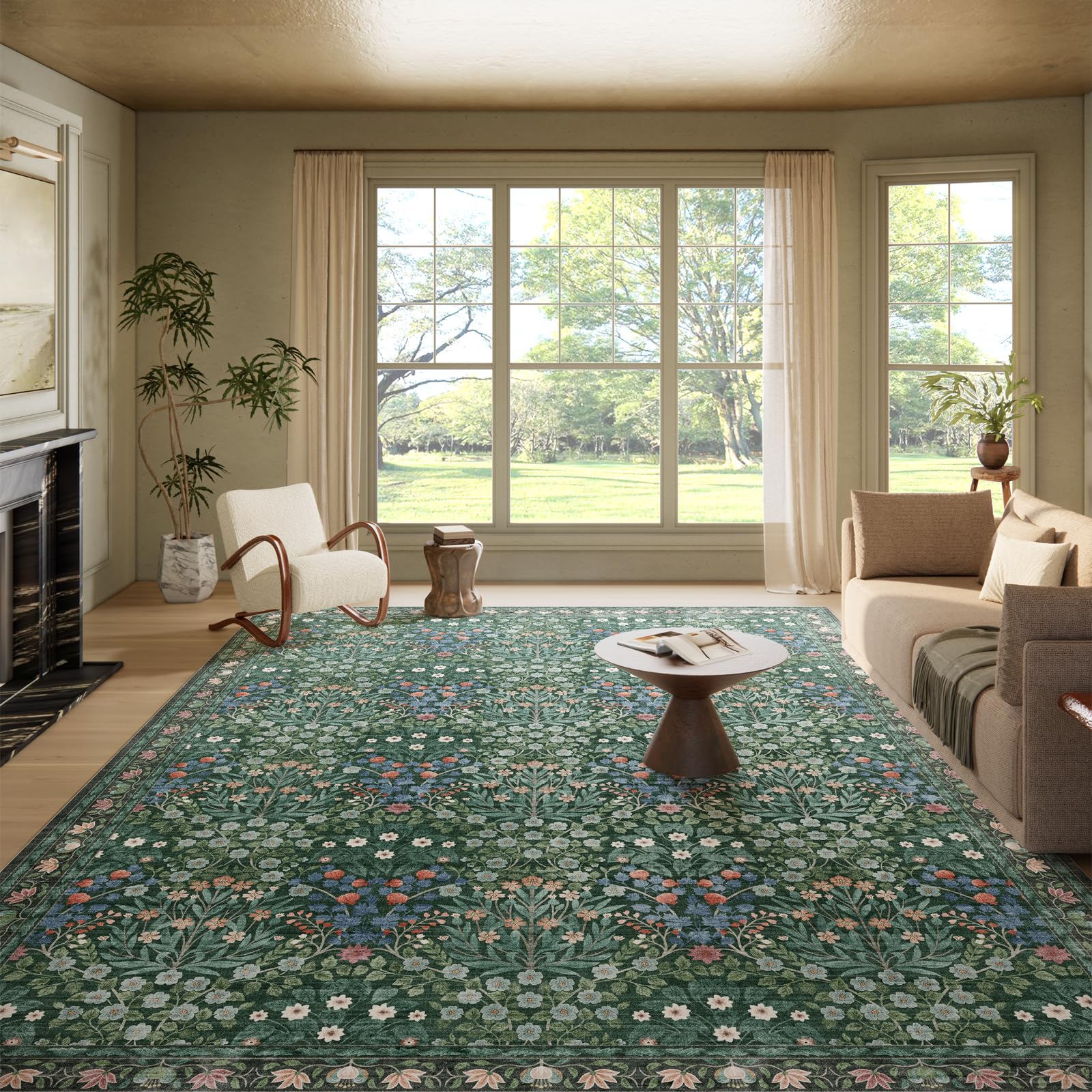 Washable Dark Green Rug for Living Room, 9x12 Large Area Rug for Dining Room, Bedroom, Soft, Low Pile, Non-Slip &amp; Stain Resistant - Vintage Floral Design Carpet