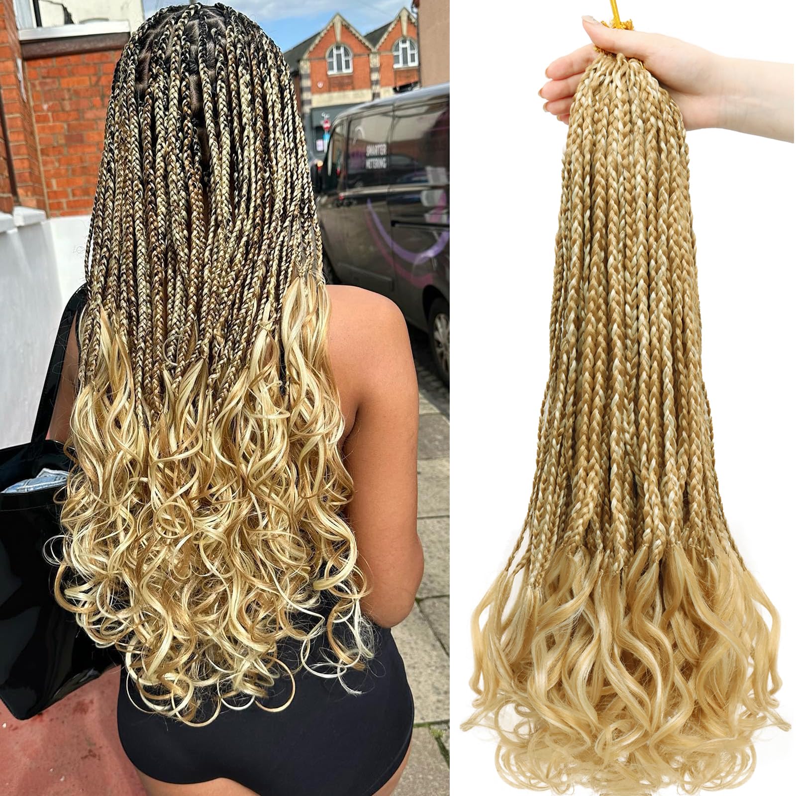 French Curl Crochet Braids 22 Inch 8 Packs Goddess Box Braids Crochet Hair for Women Pre Looped Crochet Box Braid with Curly Ends Synthetic French