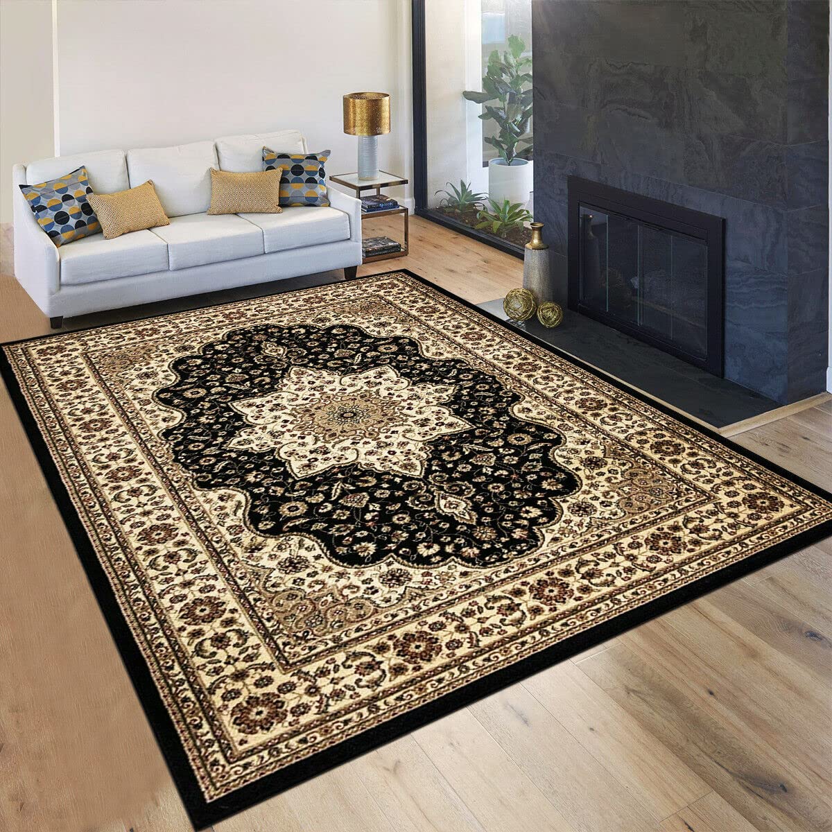 Vintage Traditional Non Slip Rug Bedroom Living Room Carpet Mat Runners Floral Pattern Wide Area Persian Style Rugs (60 x 110 cm - Door Mat, Black)