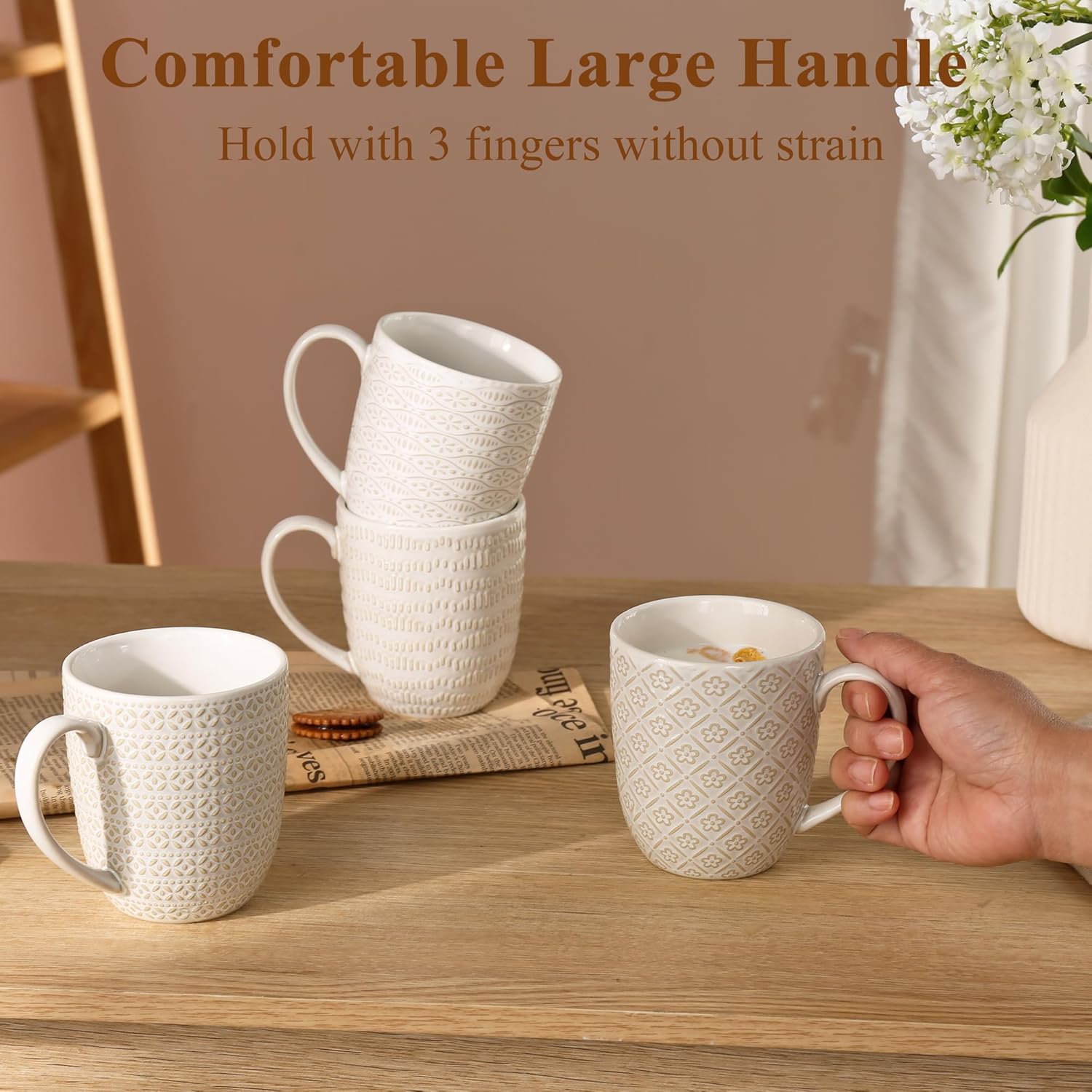 Embossment Coffee Mugs Set of 4, 12 oz Ceramic Coffee Cups Set, White Tea Cups with Large Handle for Latte, Cappuccino, Mocha, Cocoa, Microwave & Dishwasher Safe - Image 4