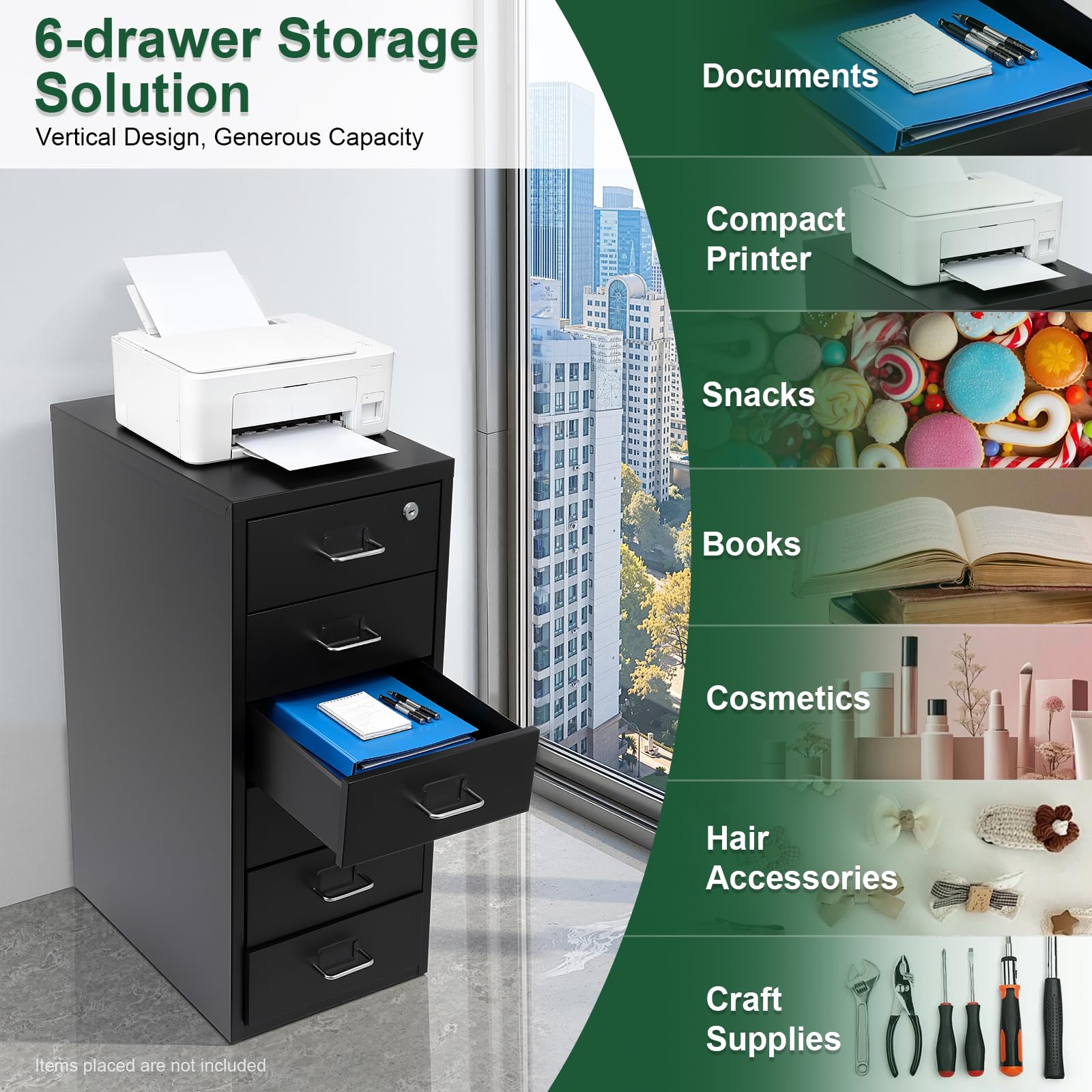 6 Ebenen Mobiler Vertikal Aktenschränke Aufbewahrungsschrank für Homeoffice | Rollcontainer, Metall Aktenschrank mit Schloss, 8-10kg pro Fach, für Homeoffice, Büro, 28x41x69cm, Schwarz