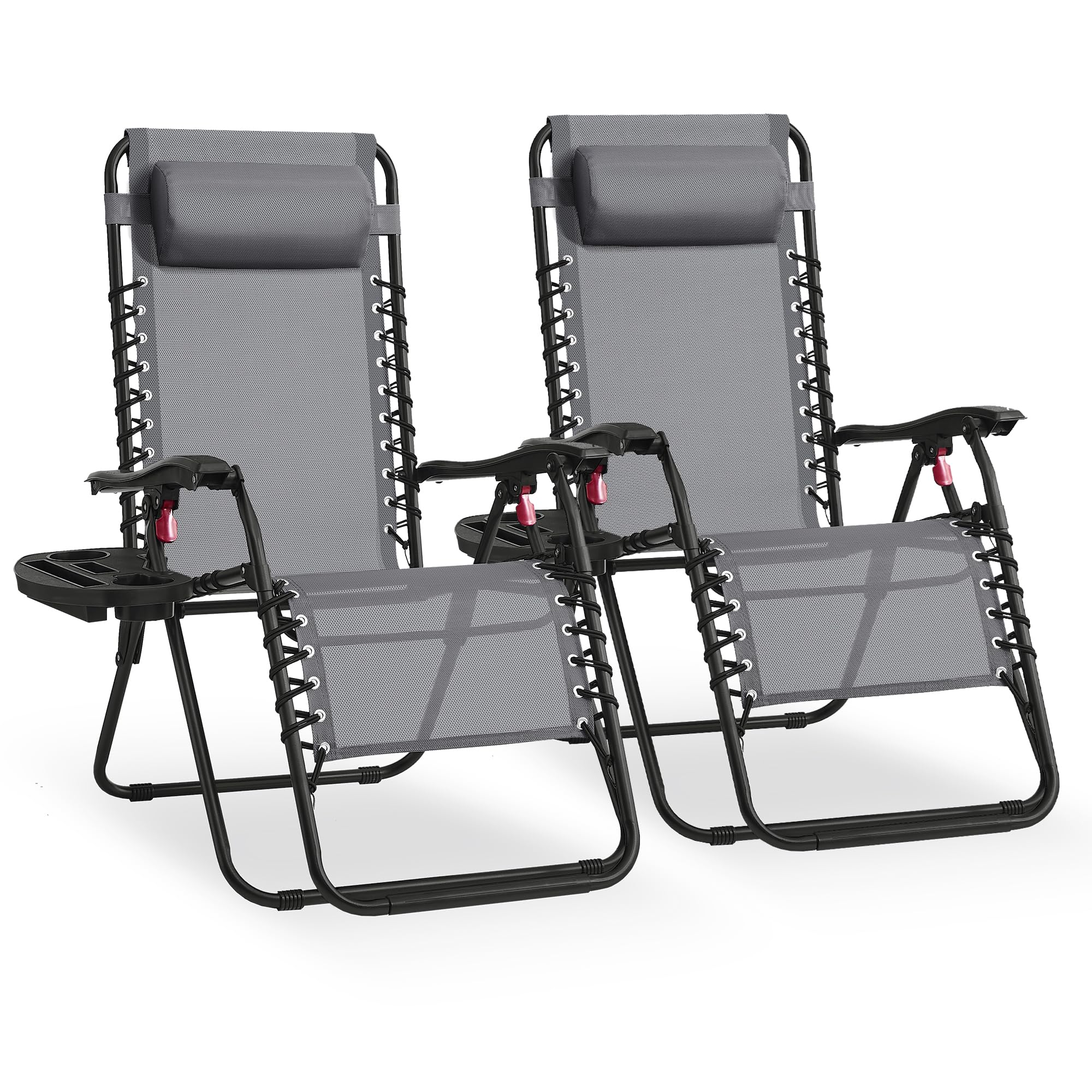 SONGMICS Juego de 2 Tumbonas Plegables, Sillas de Gravedad Cero, Tumbonas Reclinables, Carga de 110 kg por Silla, Reposacabezas Ajustable, Bandeja, para Terraza, Jardín, Gris Oscuro GLB032GZ02