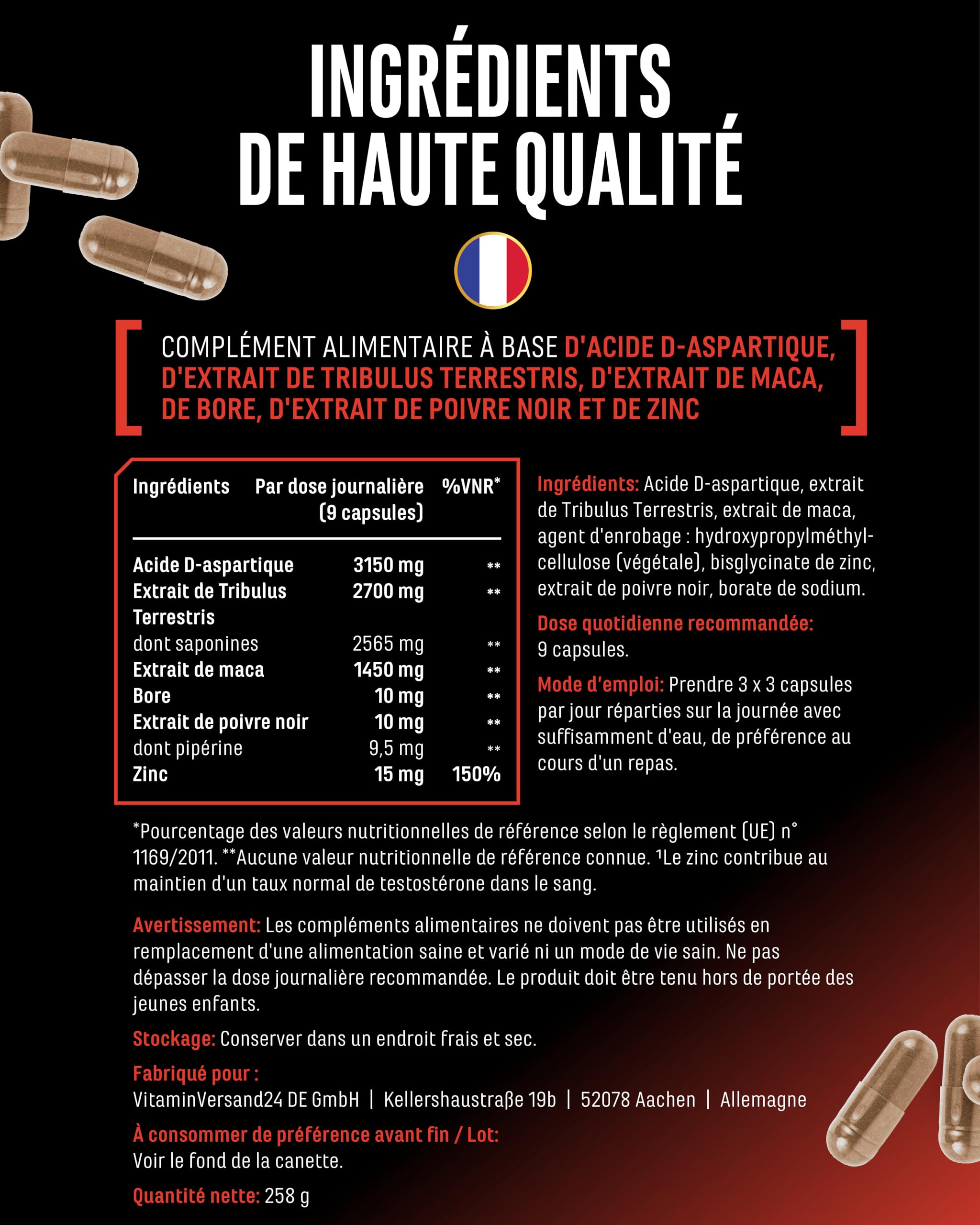 Testo MAX® - 270 Gélules - Extra Forte Dose avec 7323 mg par Dose Journalière - avec Acide D-Aspartique - Tribulus - Extrait de Maca - Bore - Zinc - Acides Aminés - Végan | Avec acide D-asparaginique, tribulus et maca, 7323 mg par dose journalière, avec b