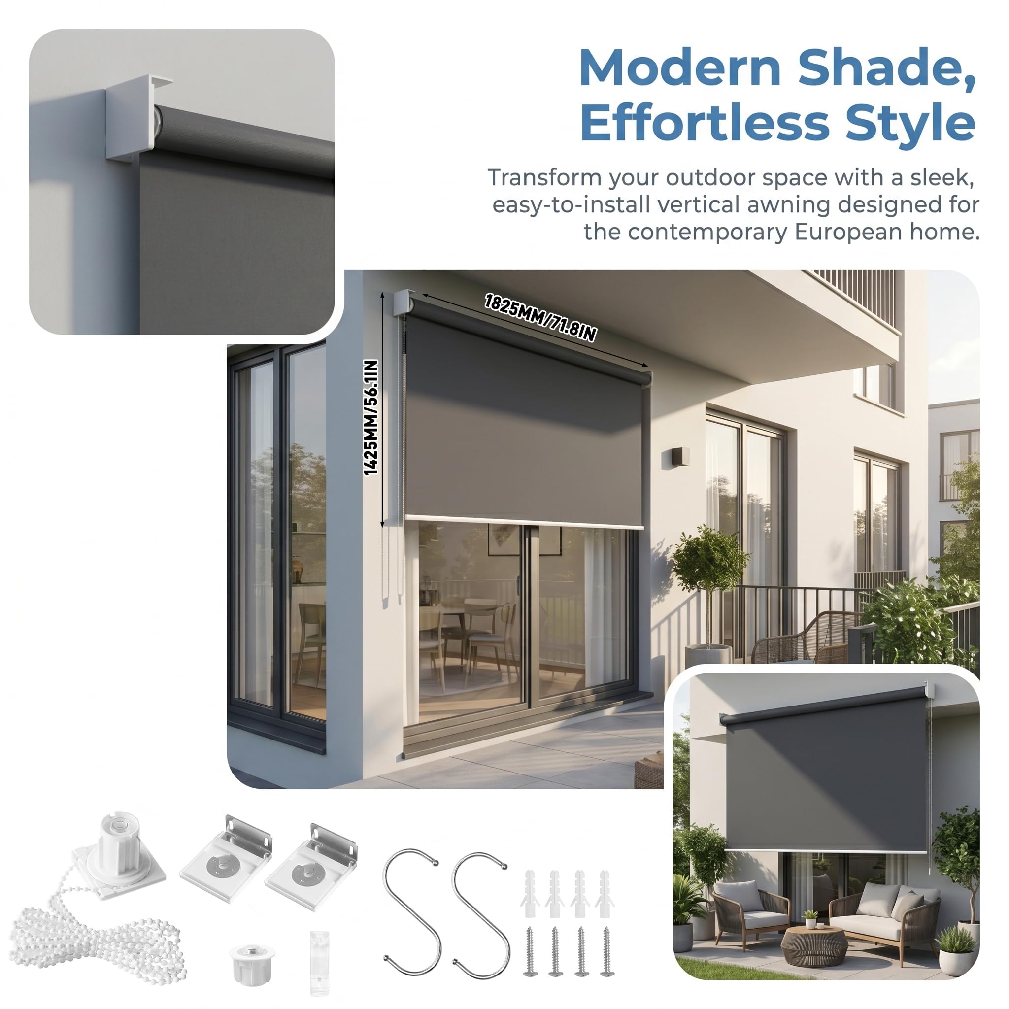 YRHome Senkrechtmarkise Außenrollo Balkonmarkise Vertikalmarkise, Beschattung Sichtschutz für Balkon Terrasse 182,5 x 142,5 cm Anthracite