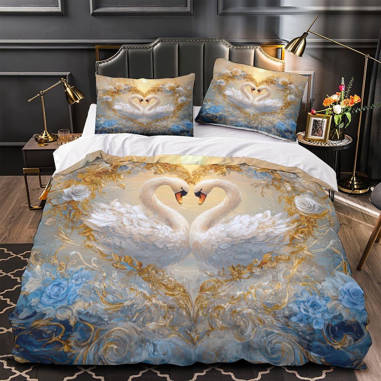 Swan Love Scene Comforter Cover 3D Print Super Soft 3-Piece Bed Set Hidden Zipper Romantic Floral Heart Duvet Cover Hotel Quality Durable for Adults Women Kids Girls Boys Teens Single（140x200cm）
