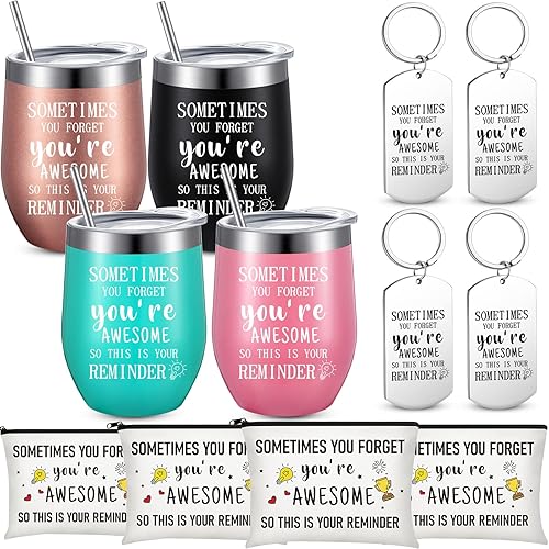 Sabary Juego de 12 vasos de vino con bolsas de maquillaje y llaveros Sometimes You Forget You're Awesome de 12 onzas, regalos inspiradores para