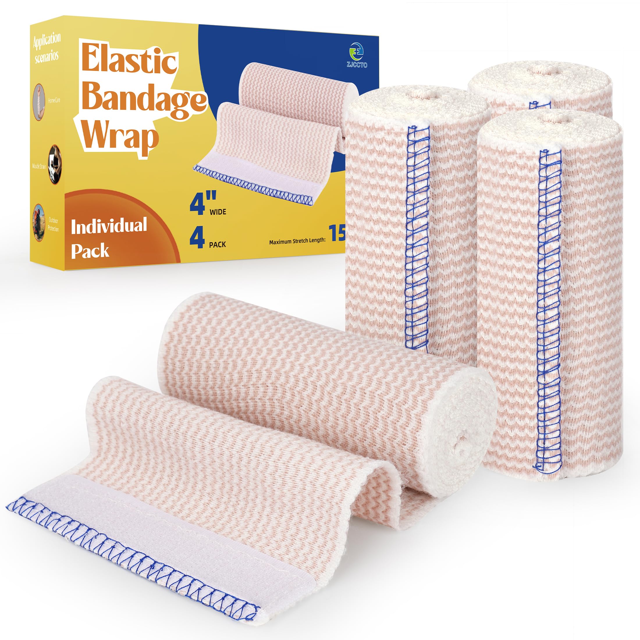 ZJCCTO 4 Pack Elastic Bandage Wrap | 4" Wide Medical Bandage Wrap with Hook-and-loop Fasteners on Both Ends Compression Wrap for Wounds Latex Free