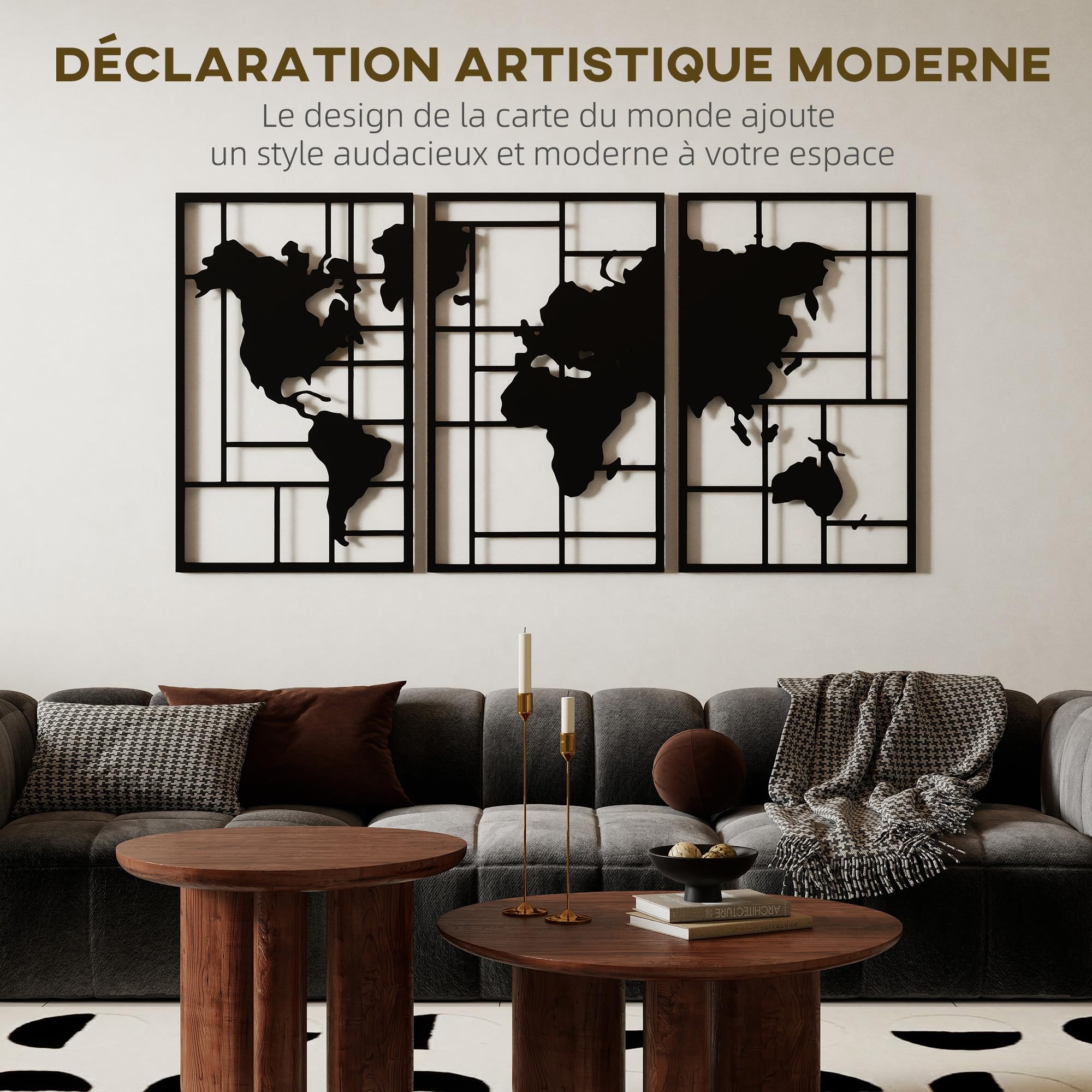 HOMCOM Lot de 3 Décorations Murales en Métal Moderne, 50 x 80 cm, Noir