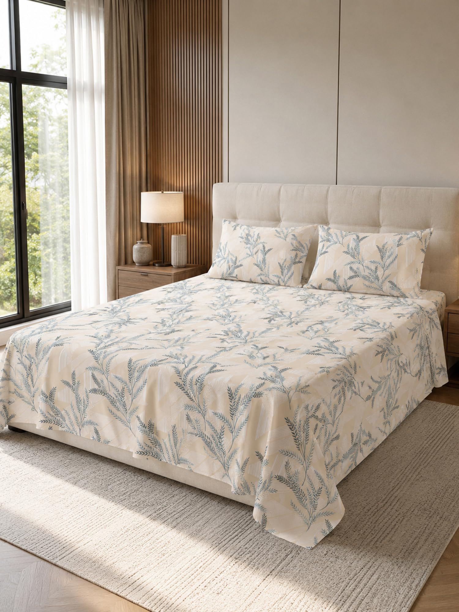 Restore Camellia-Abstract Elegance Collection Queen Size Bedsheet with 2 Pillow Covers, 100% Cotton, Gray-Leaf Print, 224 x 254 cm, Soft Breathable Bedding for Home & Hotel-image-12
