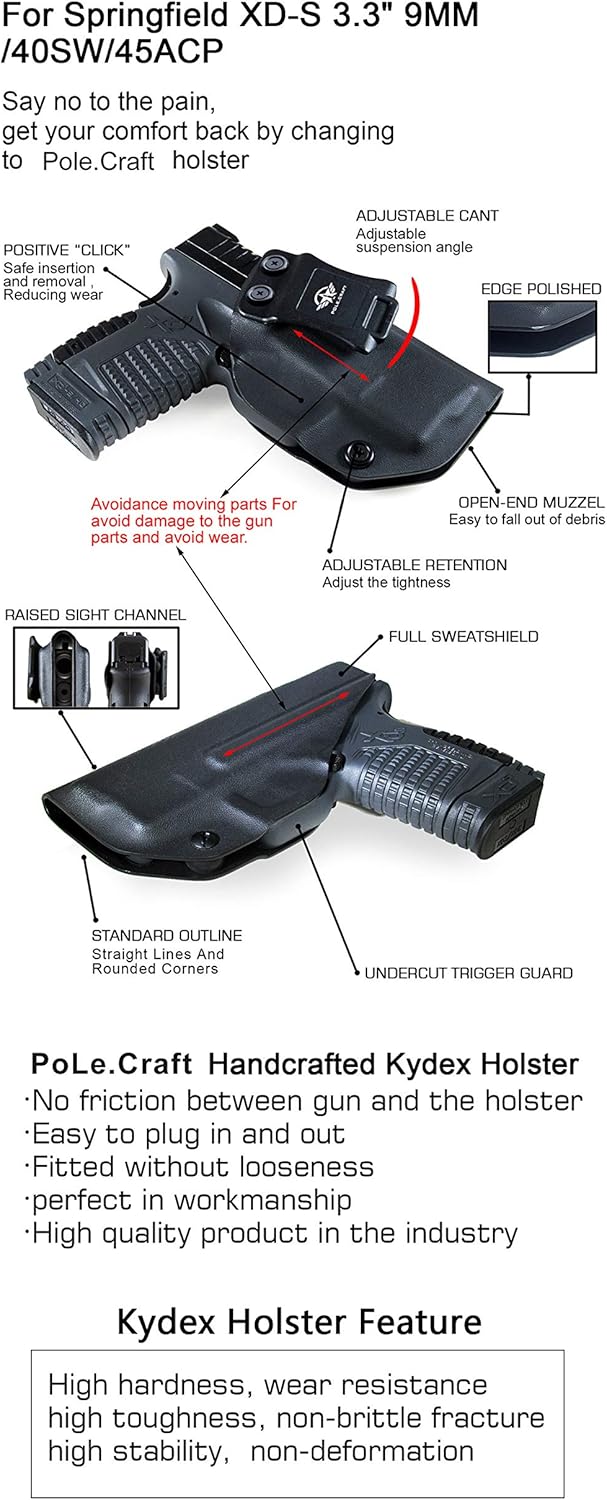 POLE.CRAFT IWB Kydex Holster Fit: Springfield XD-S 3.3" 9mm / .40 S&W / .45 ACP Single Stack & XD-S MOD.2 3.3" Pistol⎜Inside Waistband Carry⎜Adj. Cant Retention⎜Cover Mag-Button⎜No Wear⎜No Jitter