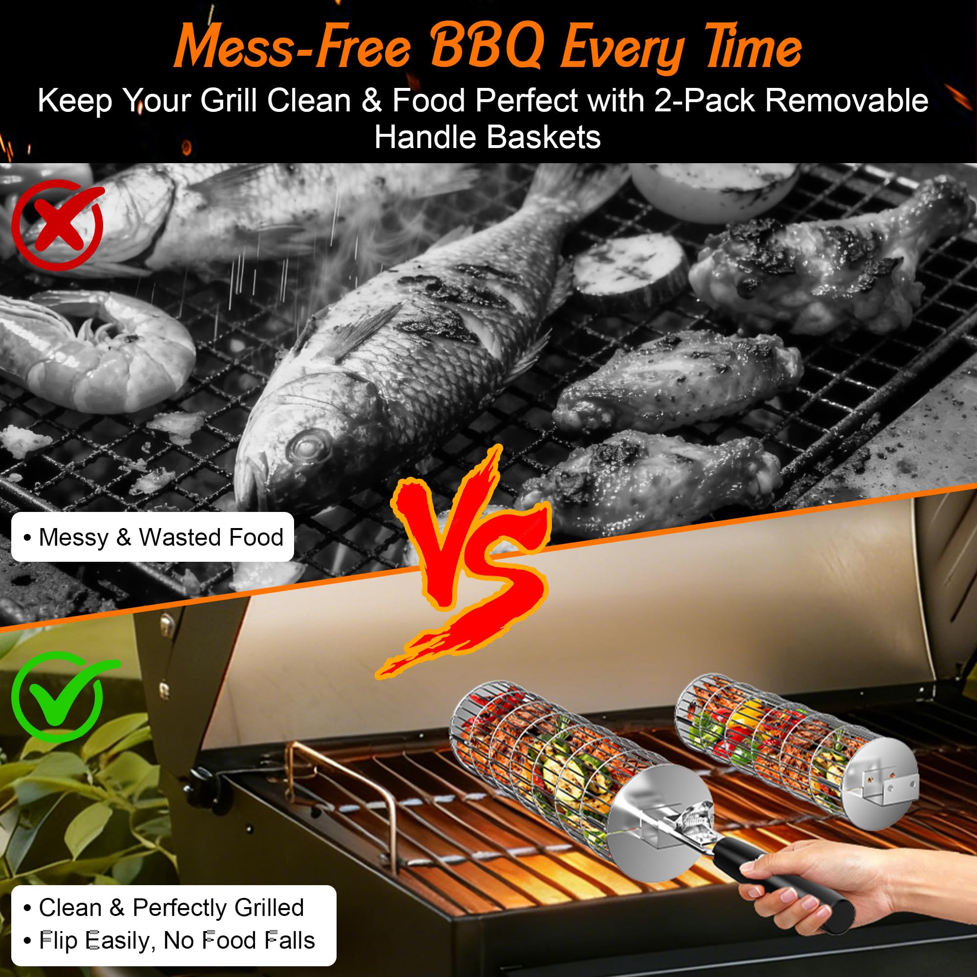 Rollender Grillkorb mit 1 Abnehmbarem Holzgriff, 2-teiliges Set Nestbar Edelstahl-Grillkörbe, Grill Zubehör Grillzubehör für Grillkorb Gemüse, Fisch, Meeresfrüchte, Geschenkidee für Männer, Väter