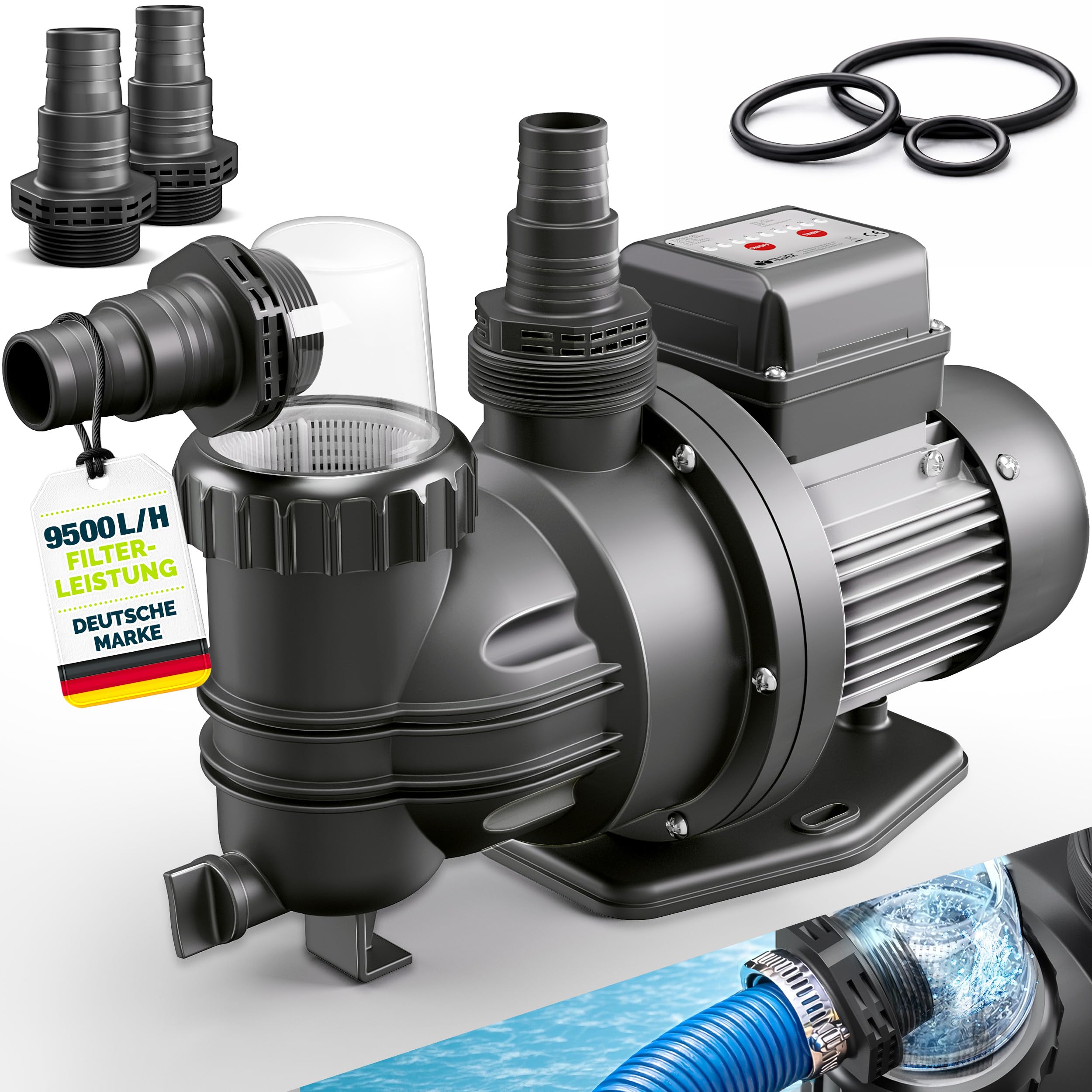 tillvex® Filterpumpe Pool mit Timer 9.500L/h & 550W | Schwimmbadpumpe Förderhöhe max. 10m | Poolfilter Umwälzpumpe für 40m³ Pools | Poolpumpe selbstansaugend für Pools Aufstellpool Spa mit Vorfilter