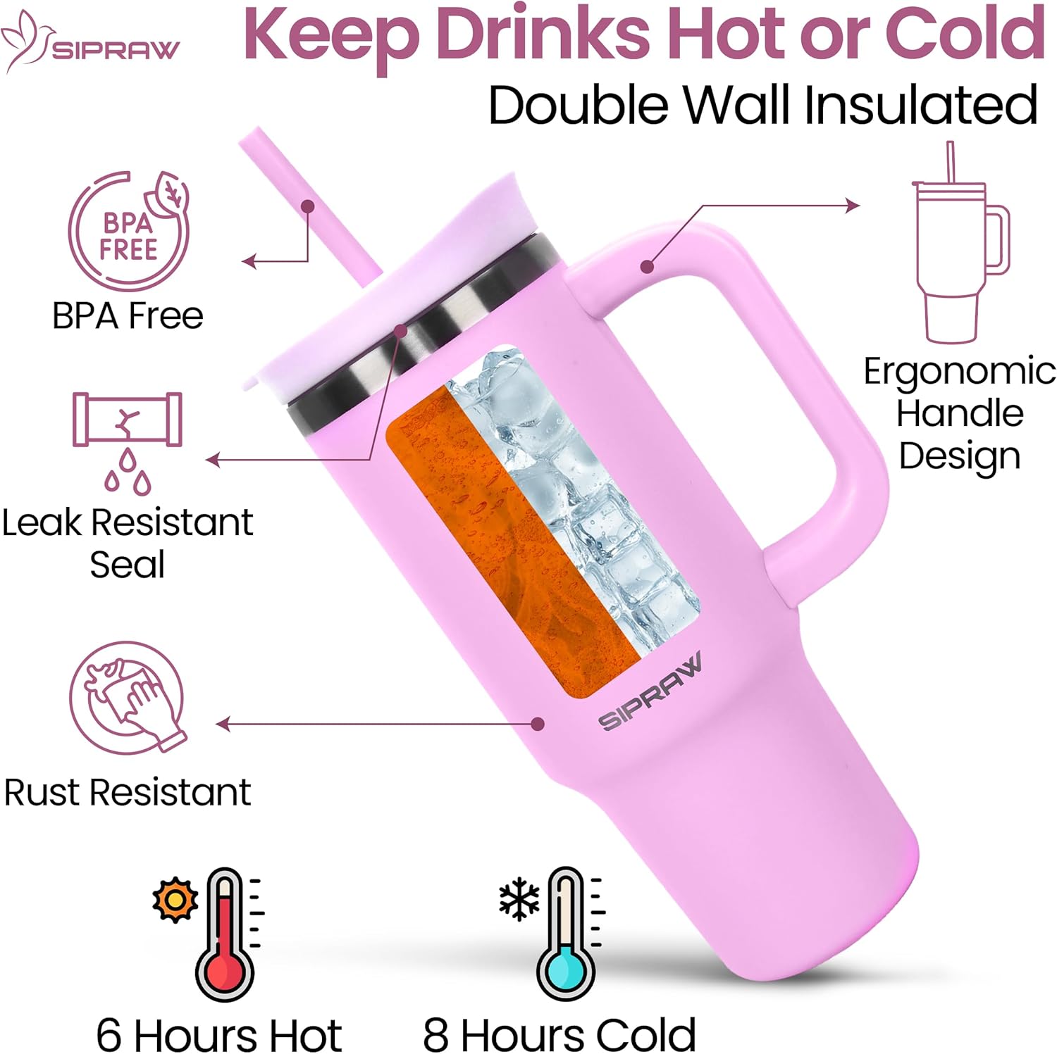 Tumbler with Handle, Insulated Tumbler with Lid and Straw, Stainless Steel Travel Coffee Mug, Hot and Cold Tumbler, Perfect for Camping, Travelling & Gifting, 30oz, Pink - Image 5