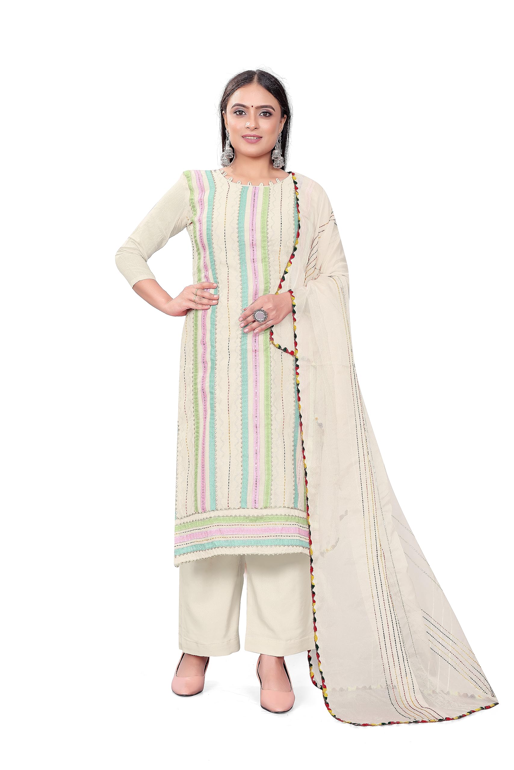 Maroosh Women'S Off White Unstitched Heavy Thread Embrodiery And Fancy Border With Embroidered Dupatta Chanderi Cotton Dress Material (MRSM-CP9006WHT)