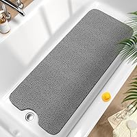HITSLAM Extra Long Non-Slip Bathtub Mat 40x16 Inch - Suction-Free Quick-Dry PVC Shower Mat with Drain Holes, Grey
