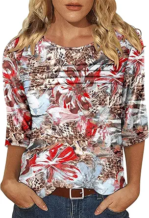 KISSMODA Women's Casual 3/4 Sleeve T-Shirts Round Neck Cute Tunic Tops Basic/Pleated Summer Tops Trendy Spring Blouses