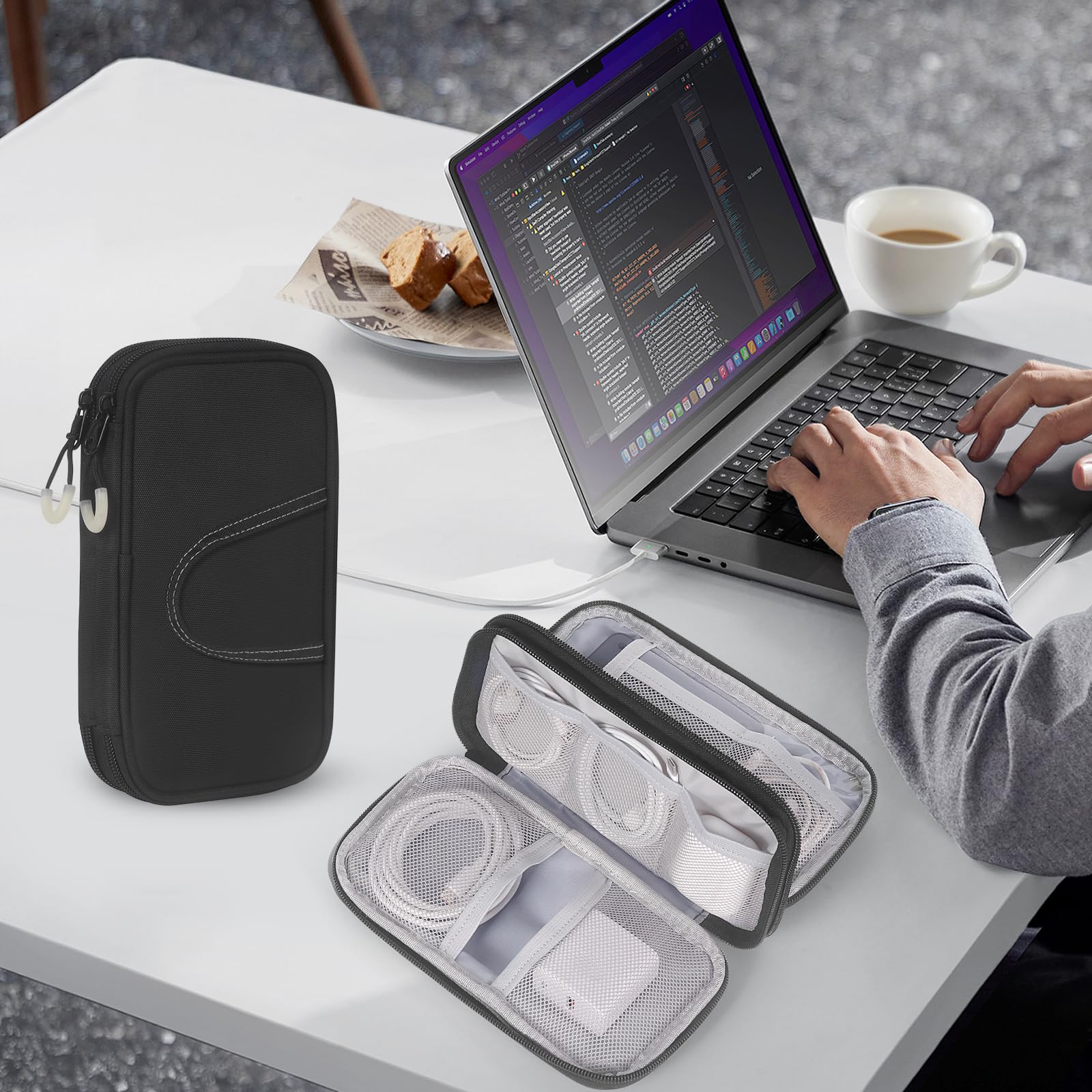 Organisateur de câbles avec fermeture éclair lumineuse - Organiseur portable à double couche pour accessoires électroniques, câble de charge de téléphone portable, batterie externe USB, carte SD