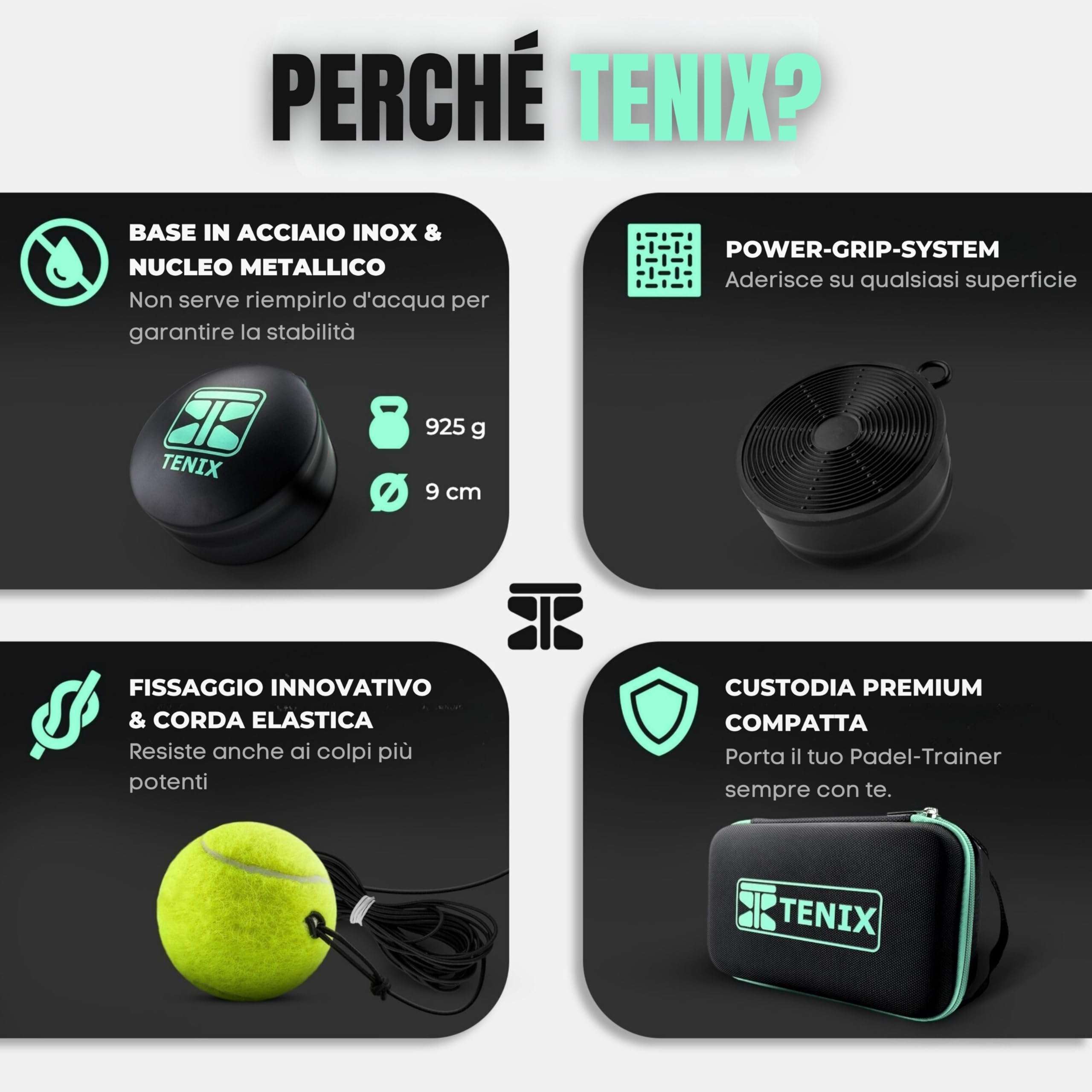 TENIX® Padel Trainer in Acciaio Inox [Non Serve riempirlo d'aqua] Allenamento Padel da Solo per Uomo e Donna | Gioca in Giardino, al Parco o sul Campo | Regalo Divertente per Amanti del Padel!