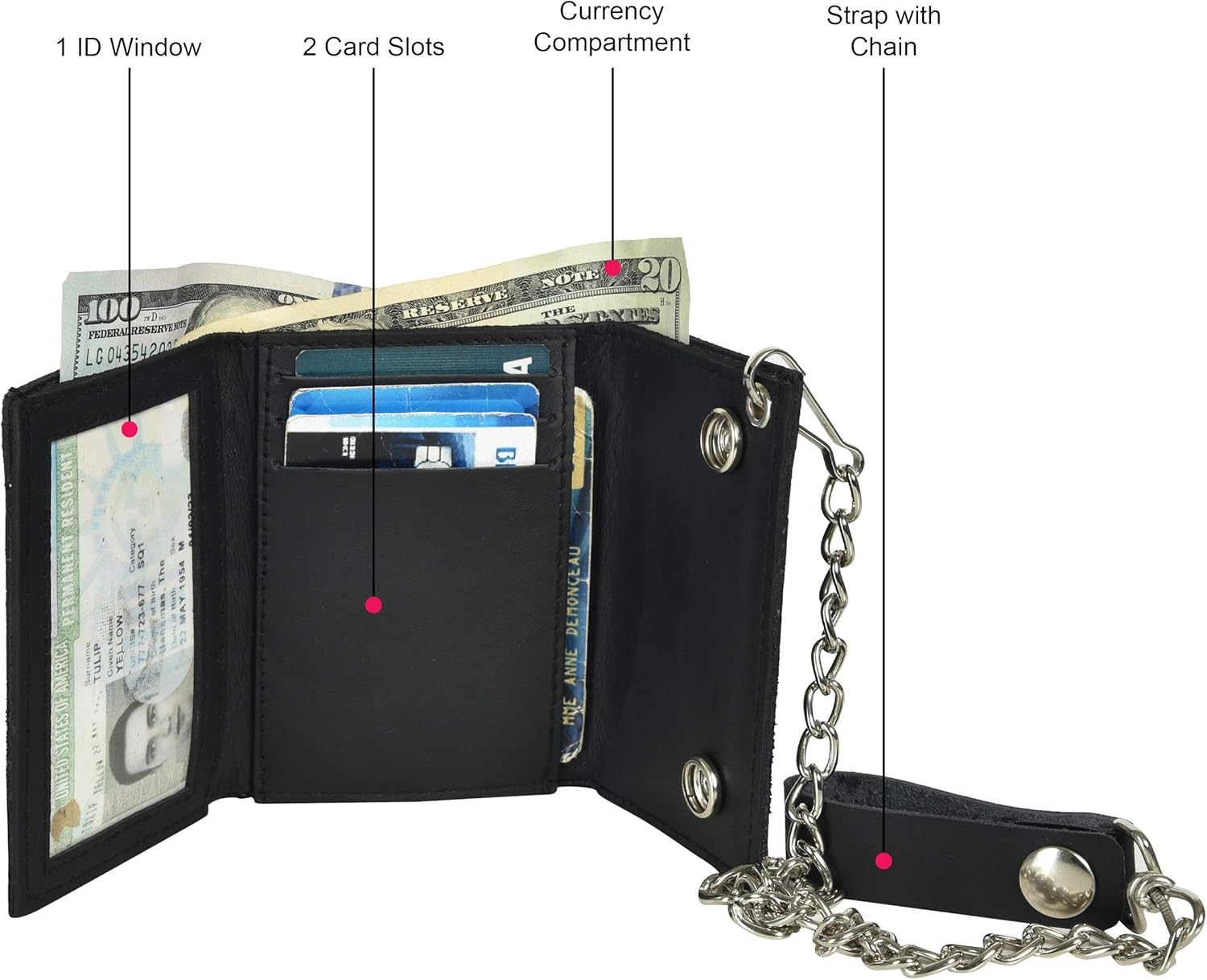 Trifold Biker's Large Wallet ID Card Holder With Chain Genuine Leather - Image 3