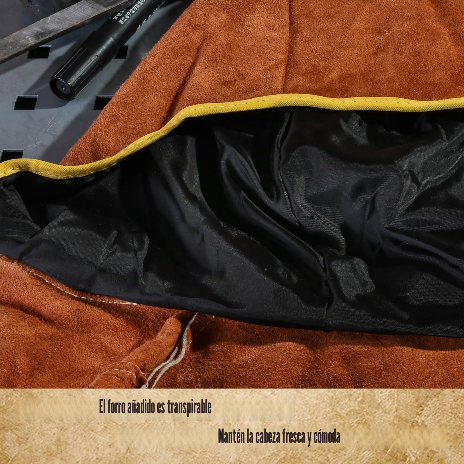 QeeLink Capucha de Soldadura, Gorro para Soldador de Cuero Partido de la Vaca con Cobertor para Cuello y Hombro, Protección de Cabeza, Marrón