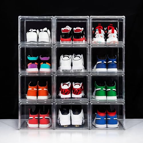 Paquete de 3 cajas de zapatos, cajas de plástico acrílico transparente apilables, cajas de almacenamiento plegables para zapatos con tapas para