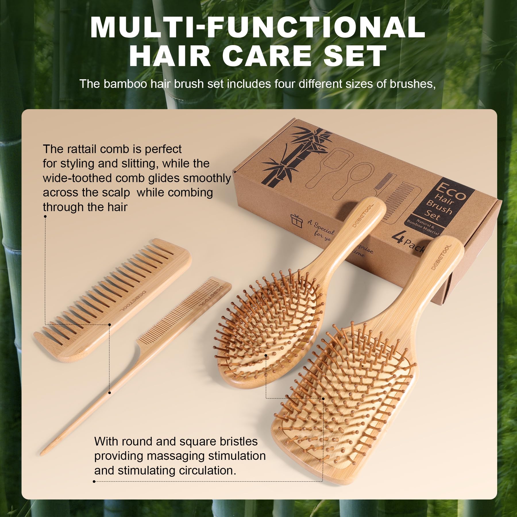 DEBETOOL Juego de cepillo y peine de bambú, cepillo de madera natural y bambú para el crecimiento del cabello con peine de cola de dientes anchos, diseño ergonómico para cabello grueso, fino, rizado,