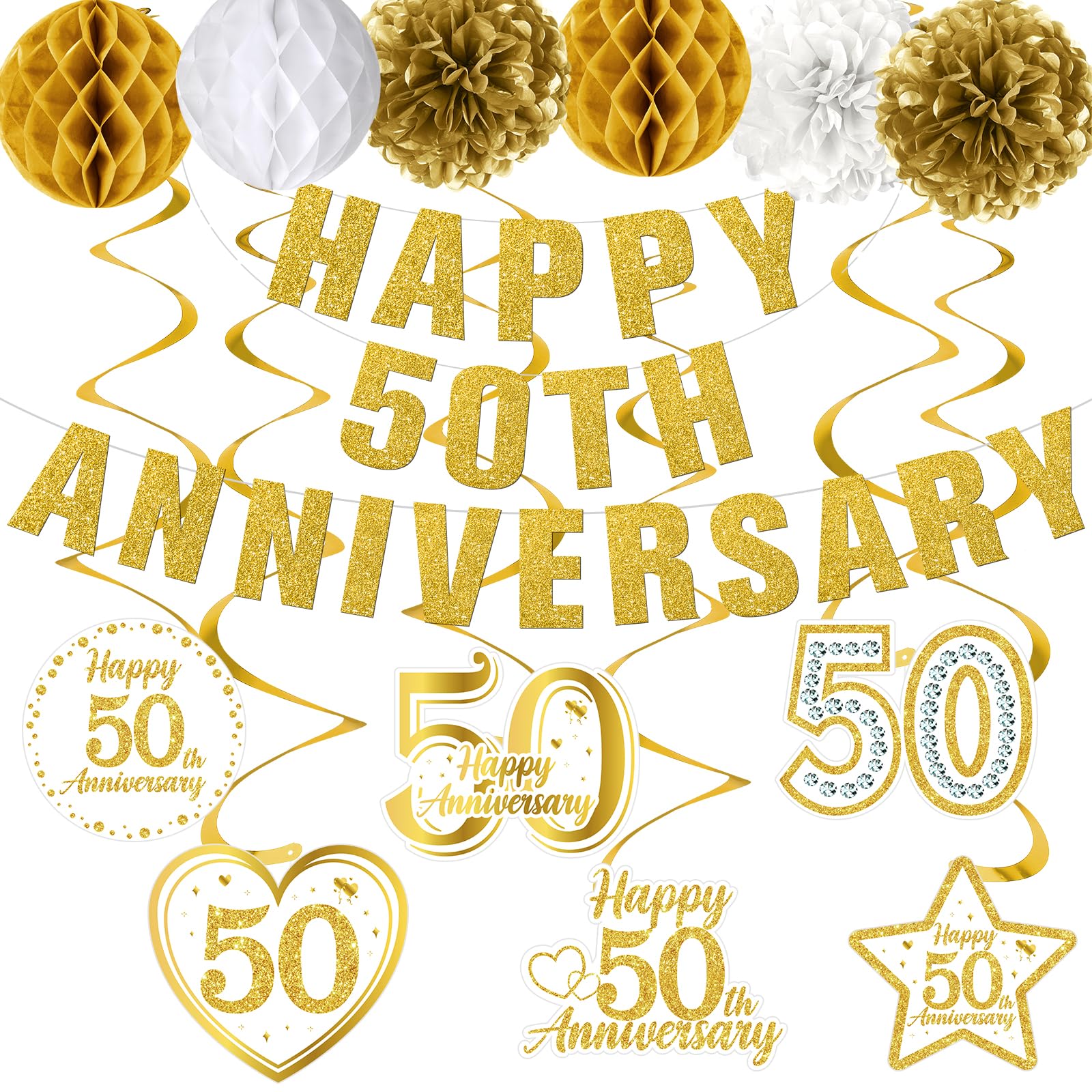 50th Wedding Anniversary Decorations, White Gold Happy 50th Anniversary Banner,Hanging Swirls and Paper Pom Poms Flowers for Men Women 50 Years Golden