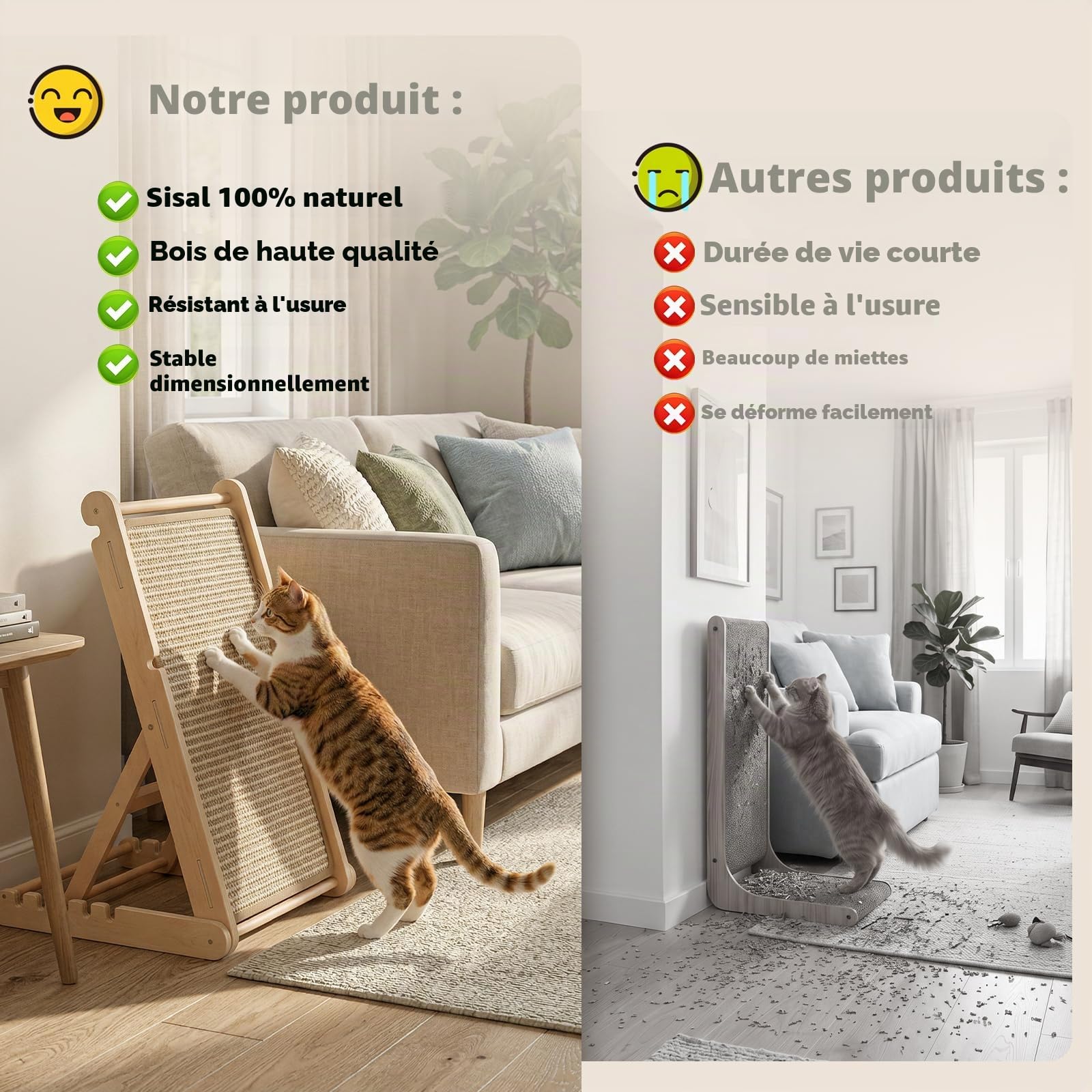 X XBEN Grattoir en Bois pour Chat, 60cm de Haut Griffoir Chat Pliable avec 5 Hauteurs Réglables, sans Montage, Forme de L Planche à Gratter en Sisal Naturel pour Préserve Canapé et Mur