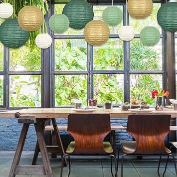 Paper Lanterns Decorative, Sage Green Gold Hanging Round Paper Lanterns Decorations for Wedding Bridal Shower Birthday Party Supplies Engagement Anniversary Bridal Shower Decor
