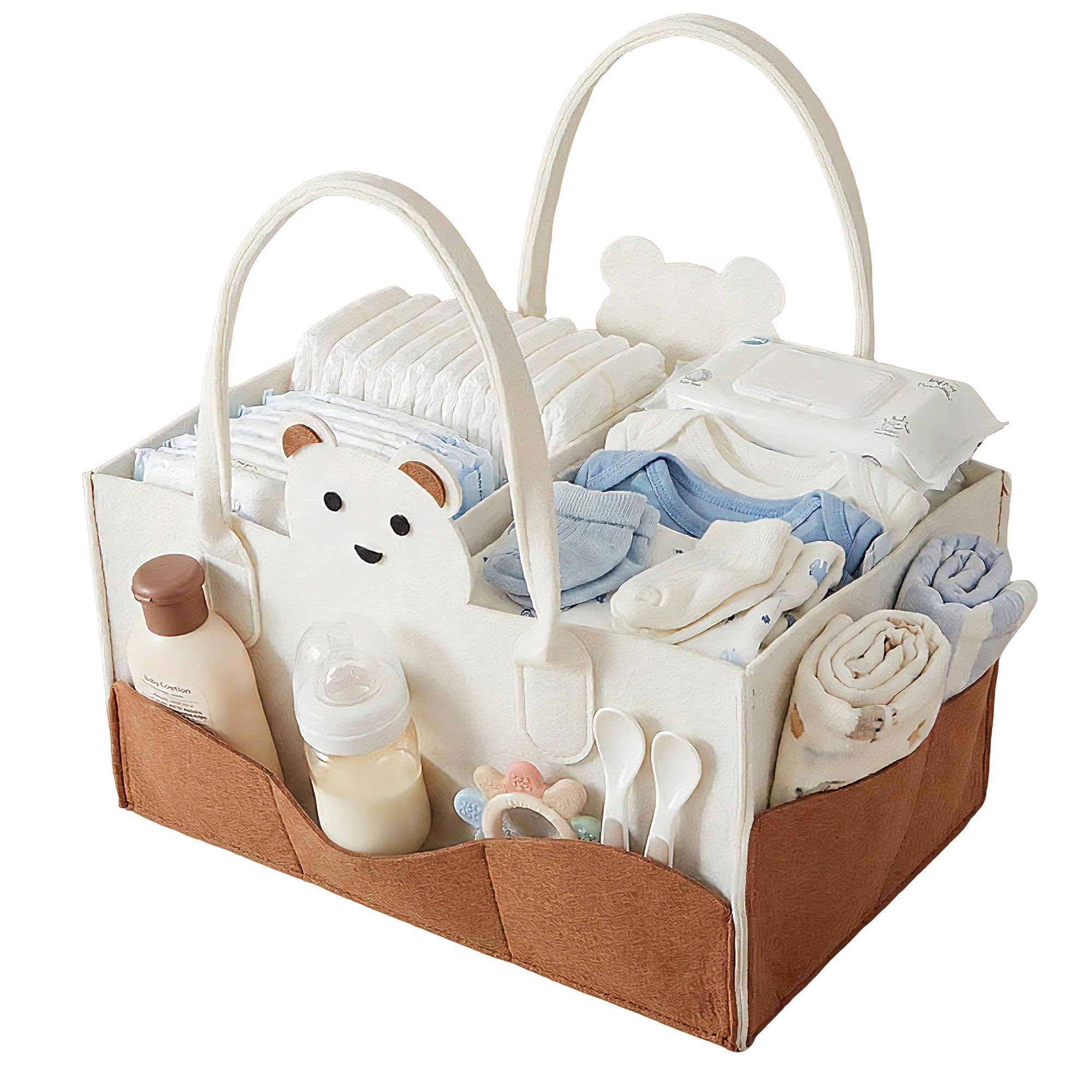 Felt Pram Organiser Bag - Cute Animal-Themed Stroller Organiser with Multi-Pockets for Baby Essentials (Bear)