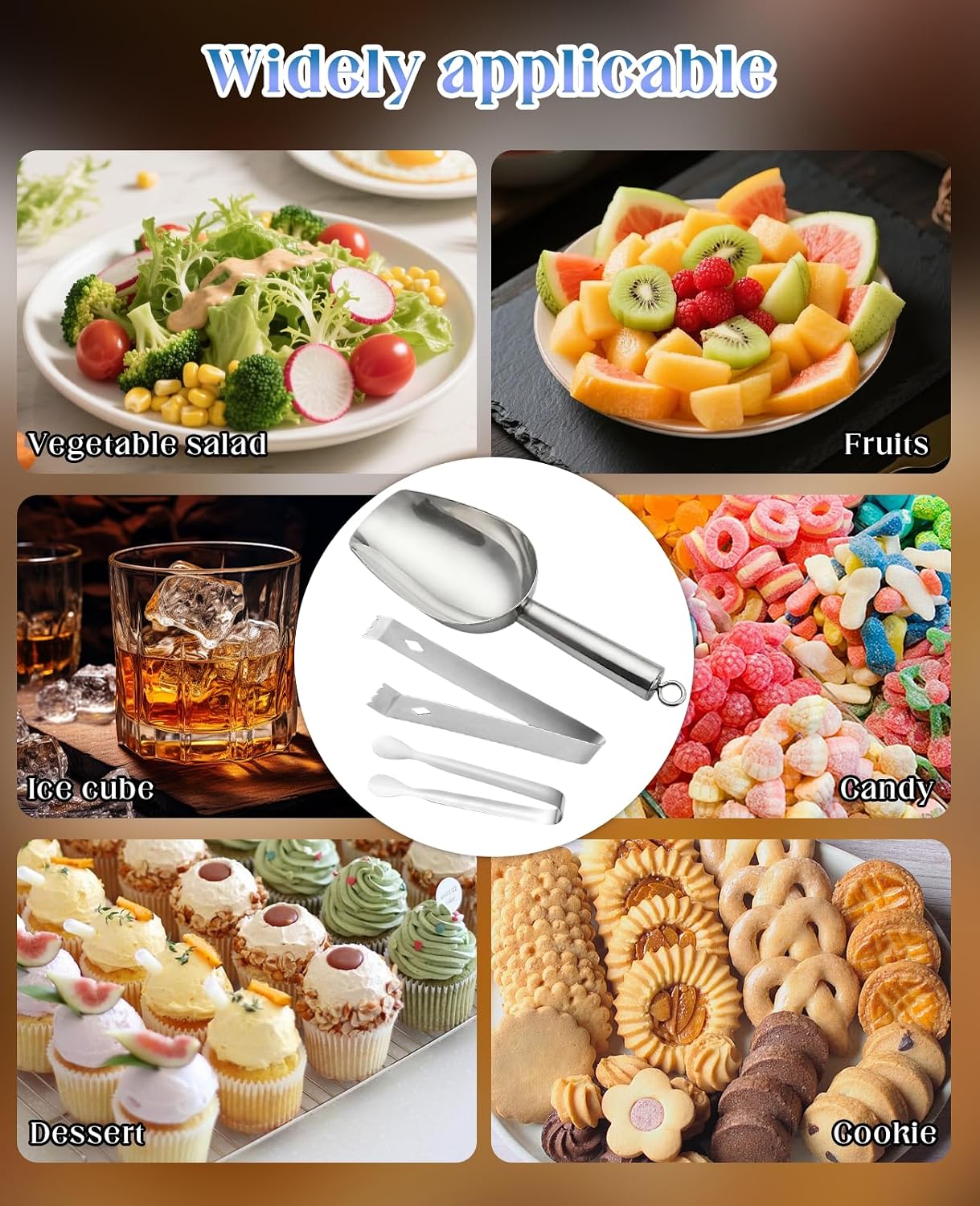 5PCS Ice Tongs & Scoop Kit, 304 Stainless Steel 2PCS Ice Cube Tongs & 2PCS Sugar/Tea/Coffee Mini Tongs & 1PC Food Candy Scoop for Ice Bucket Kitchen Bar Food Serving