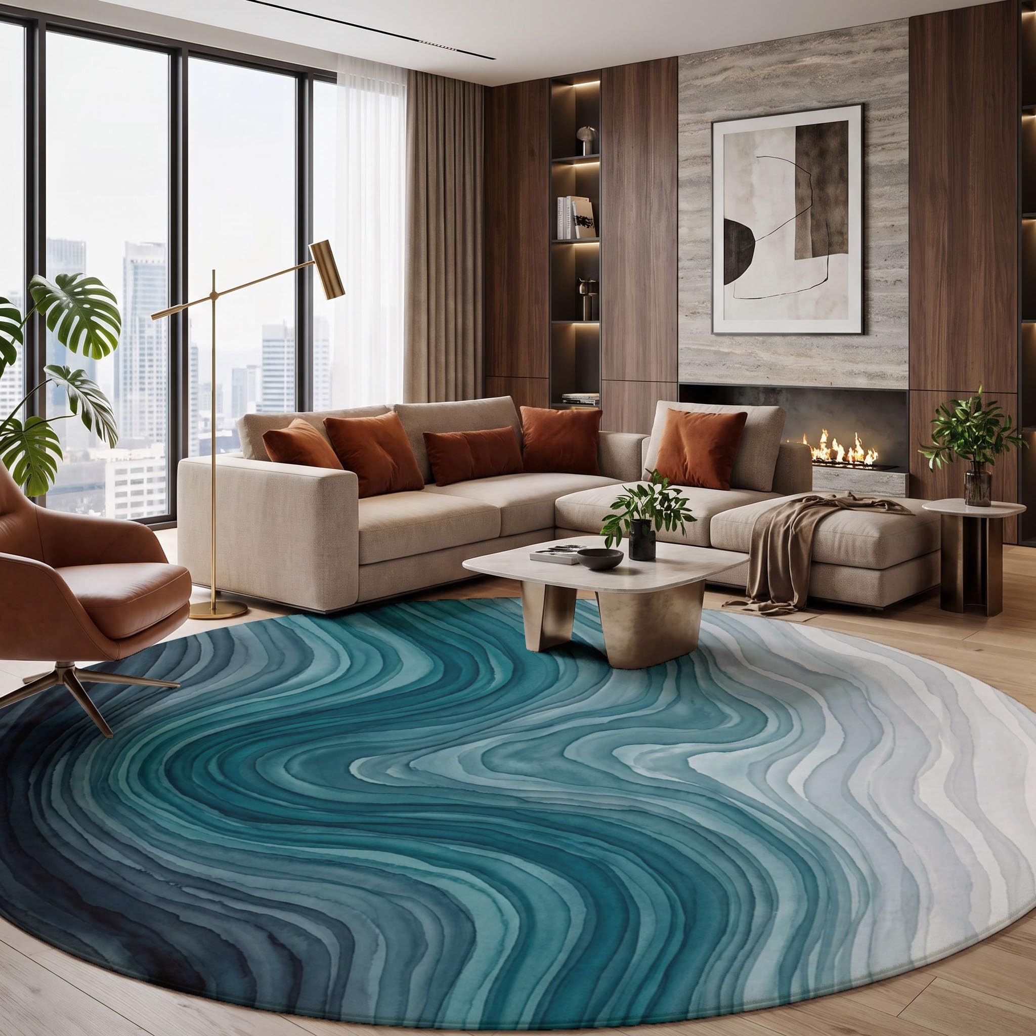 Tapis Rond 180cm Texture Ondulée À Gradient pour Chambre | Art Abstrait À L'Aquarelle Rond Tapis Antidérapant Lavable en Machine Cuisine Salon Adulte Interieur Bureau Cuisine Decoration