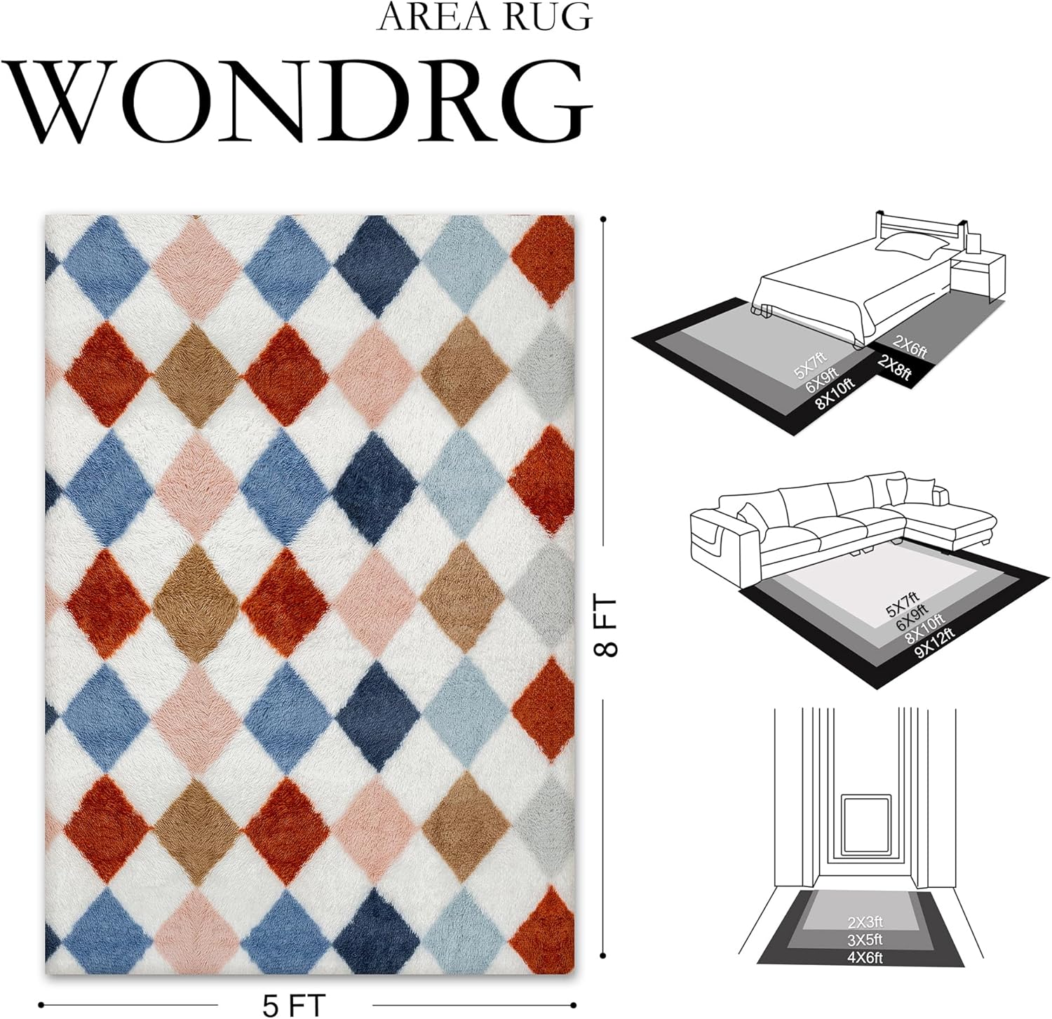 5x8 checkered rug for living room rainbow soft fluffy shag area rug bedroom modern plush high pile non slip fuzzy carpet for aesthetic home decor