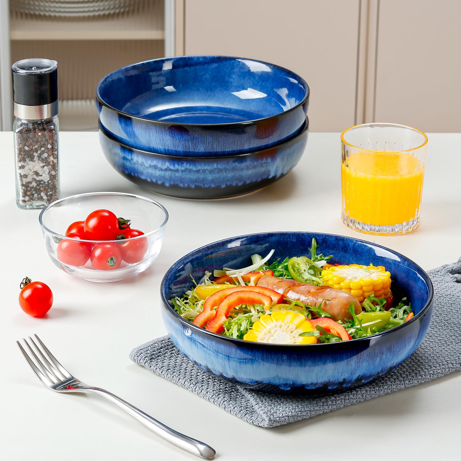 NUTRIUPS Φ 21,5 cm Cuenco de cerámica para servir platos hondos de 1,2 L, juego de 4 unidades, ensaladera de porcelana premium, color azul oscuro