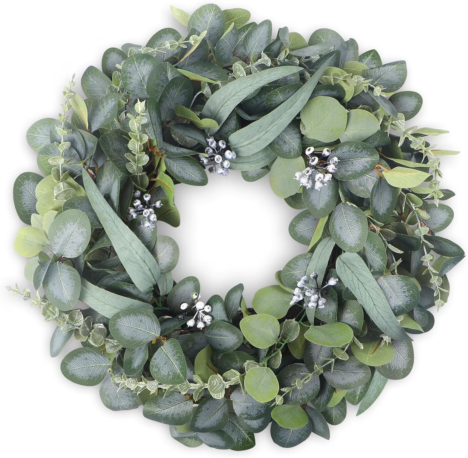 24" Eucalyptus Wreath for Front Door, Artificial Green Spring/Summer Wreaths with Willow Leaves and Berries for All Seasons, Farmhouse Wreath for Window, Fence, Porch, Wedding Decor