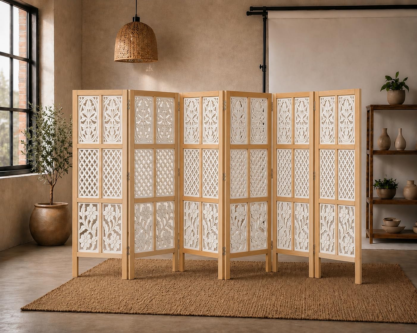 Wooden Room Divider Partition – Folding Privacy Screen Decorative Panel for Home, Office & Studio with Mixed Cutout ~ 4 FT Natural & White (3 Panel)-image-28