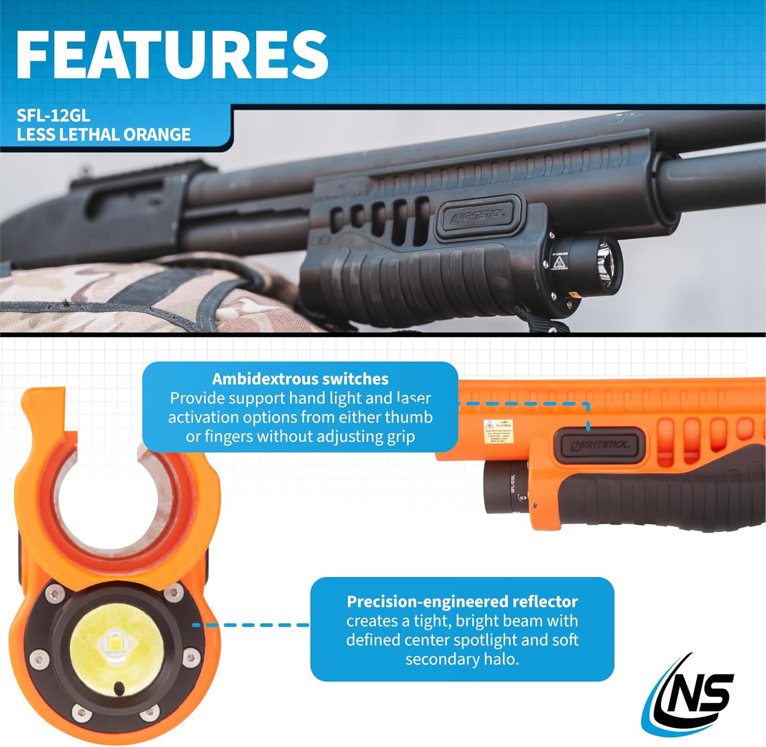 Nightstick SFL-12GL Shotgun Forend Light - 1200 Lumens Forend Light for Mossberg 500/590/590A1/Shockwave - IP-X7 Waterproof Impact & Chemical Resistant - 2 CR123 Batteries - Less Lethal Orange