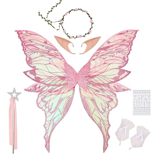 Tansix Fairy Wings Set for Adult Women Butterfly Wings,Floral Garland,Wand,Gloves,Elf Ears for Cosplay Costume Accessories - Pink