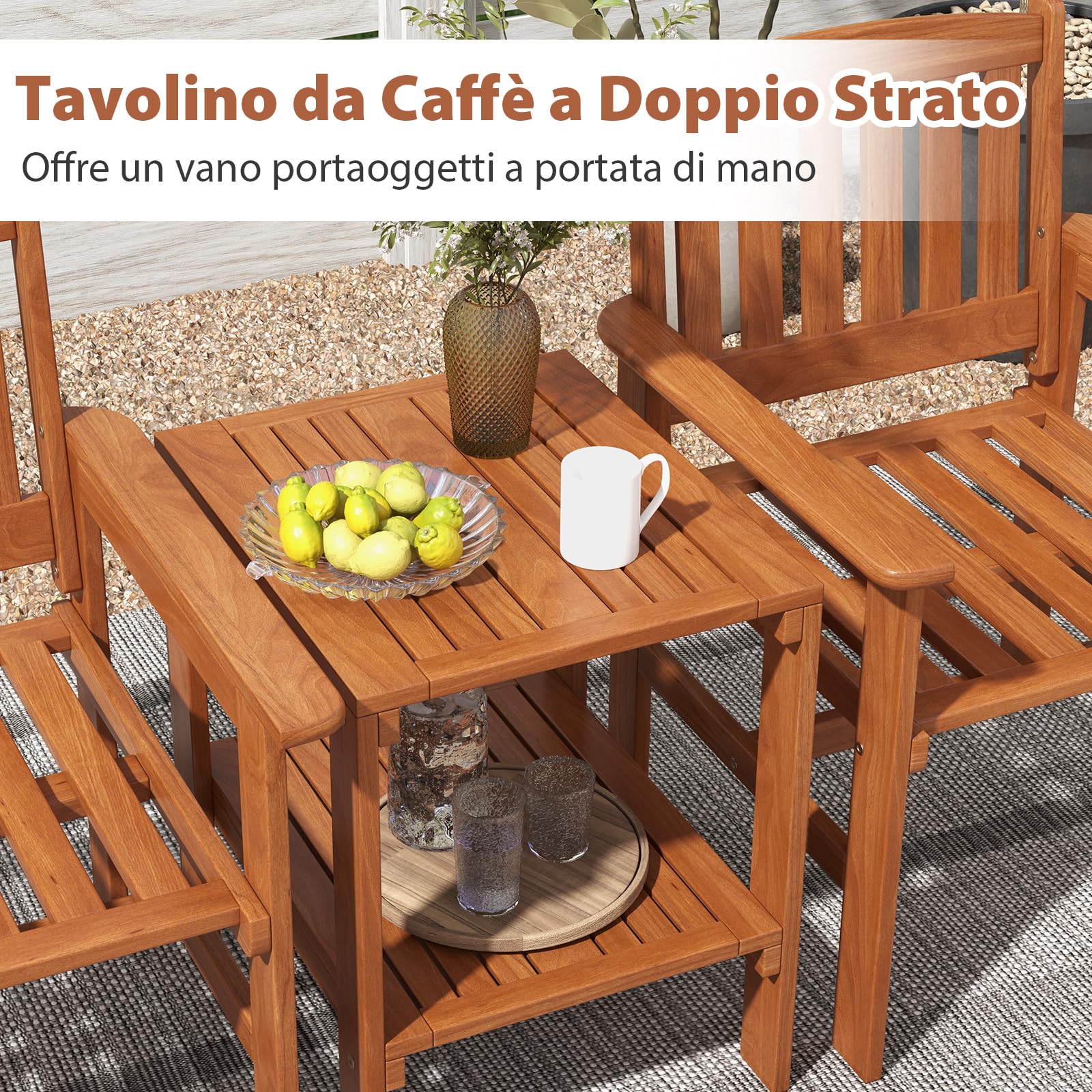 COSTWAY Set di 3 Pezzi da Giardino, Tavolino e 2 Sedie da Patio in Legno, con Foro per Ombrellone, Set di Mobili da Esterno a 3 Pezzi per Giardino, Tavolino Portato 35 kg, Sedia Portata 120 kg